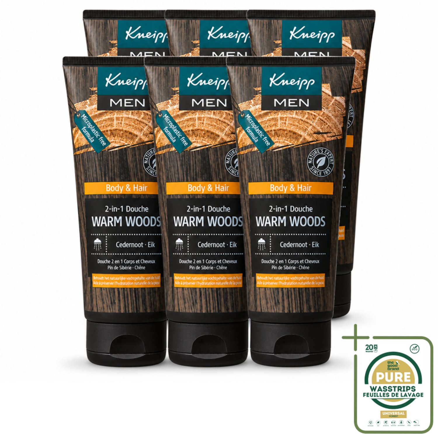 6 x Kneipp - Douchegel - Men - Warm Woods - 2-in-1 - 200 ml - Wasstrips - Douchegel Mannen - Natuurlijke Verzorging - Huid Verzorging - Haar Verzorging - Warm Woods Geur