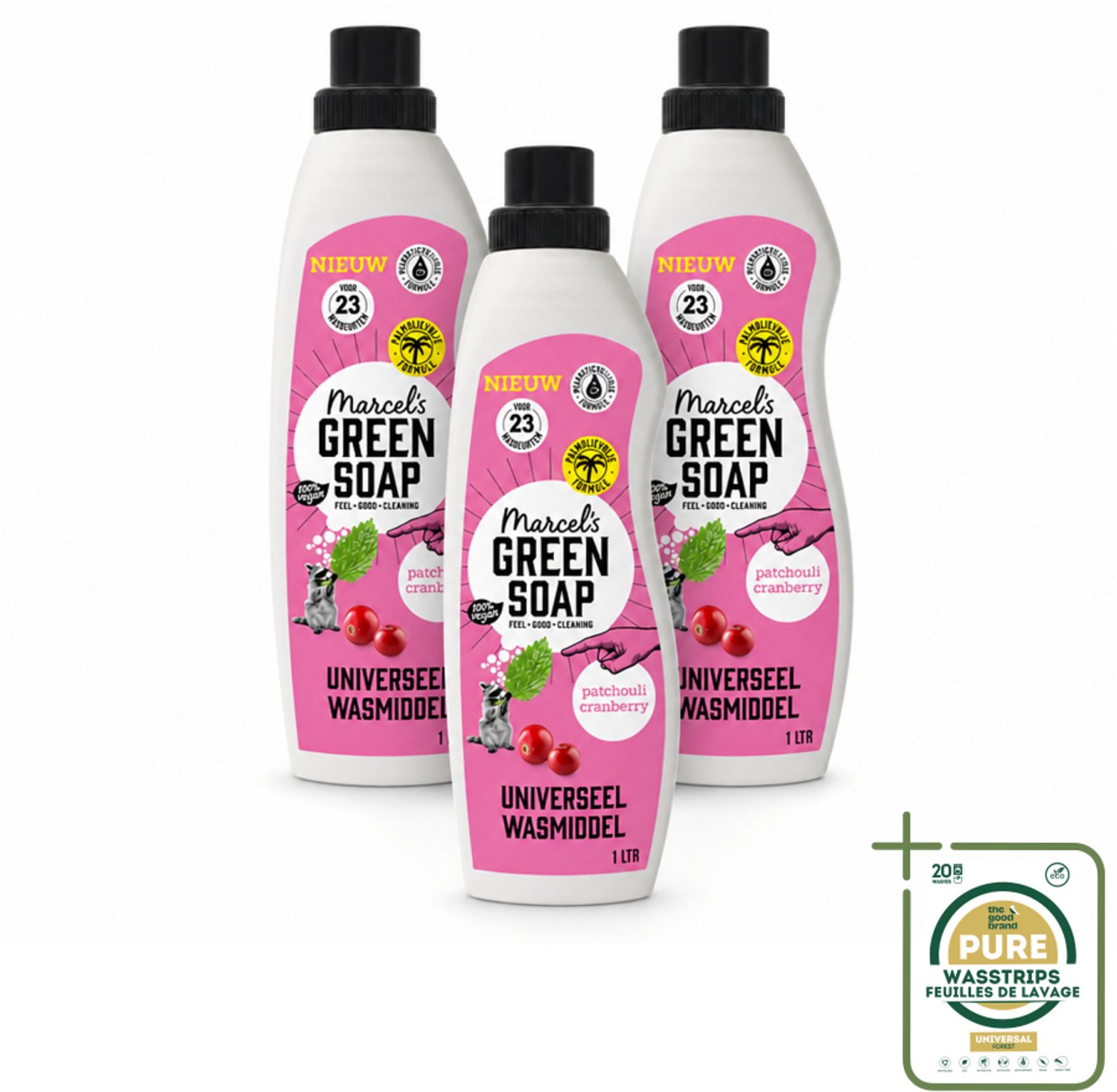 3 x Marcel's Green Soap - Vloeibaar Wasmiddel - Patchouli & Cranberry - Effectief & natuurlijk - 23 Wasbeurten - 1 liter - Wasstrips - Wasmiddel - Natuurlijk Wasmiddel - Zeep Wasmiddel - Milieuvriendelijk Wasmiddel - Plantaardig Wasmiddel