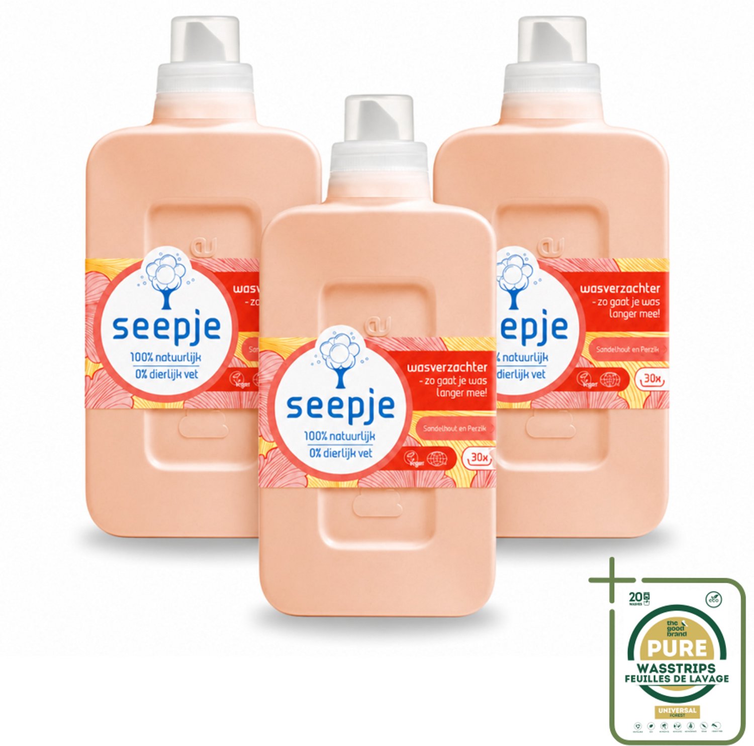 3 x Seepje - Wasverzachter - Verzorgt en Verfrist - Sandelhout en Perzik - 30 Wasbeurten - 750 ml - Wasverzachter - Natuurlijke Wasverzachter - Wasverzachter Sandelhout En Perzik - Wasverzachter Voor Kleding - Wasverzachter Voor Beddengoed