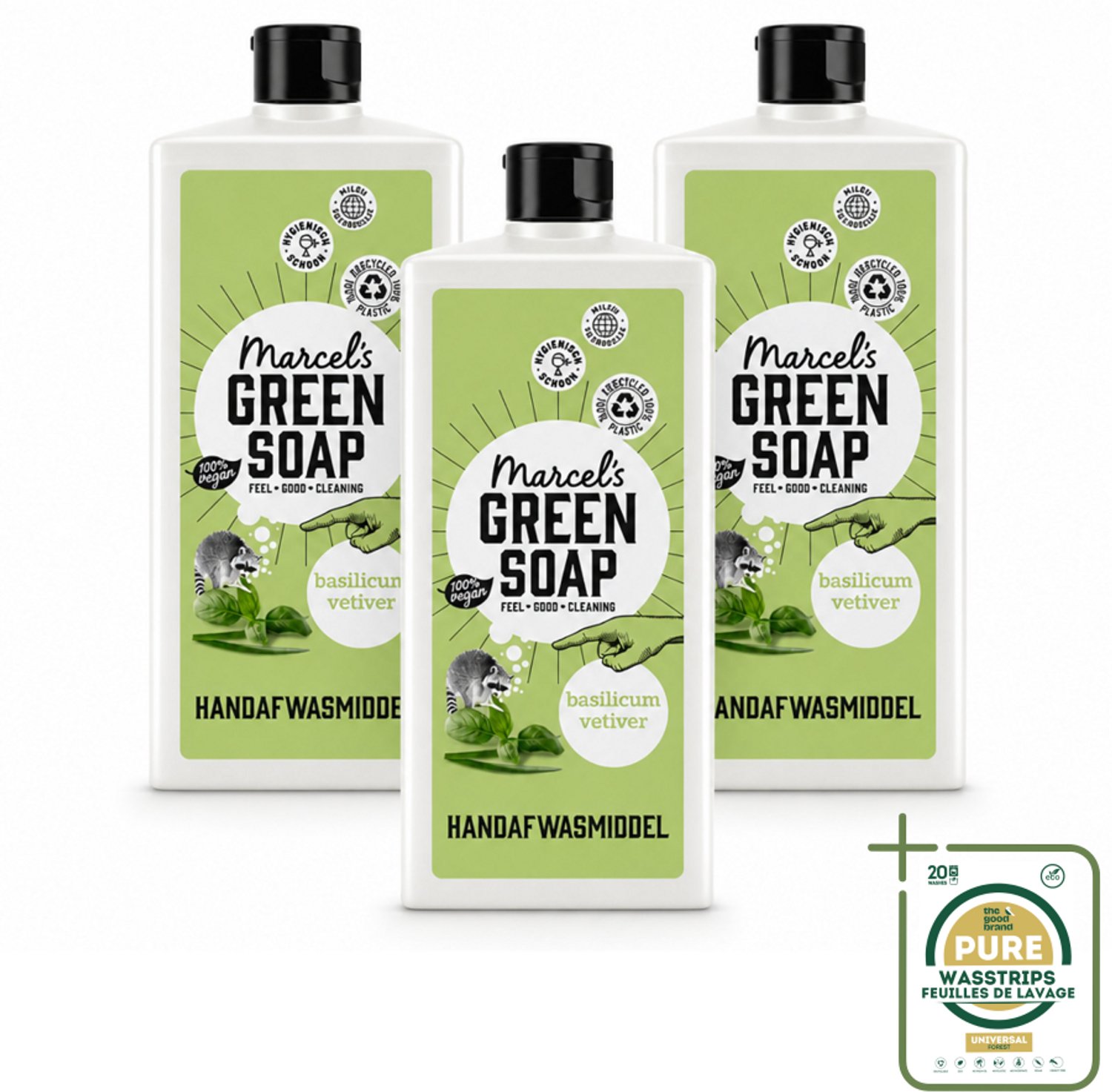 3 x Marcel's Green Soap - Afwasmiddel - Basilicum & Vetiver Gras - Plantaardig & duurzaam - 500 ml - Wasstrips - Afwasmiddel Basilicum Vetiver Gras - Plantaardig Afwasmiddel - Duurzaam Afwasmiddel - Natuurlijk Afwasmiddel - Afwasmiddel Voor Vaat