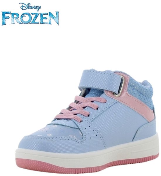 Disney Frozen hoge sneaker in lichtblauw en roze met klittenbandsluiting en roze veters.