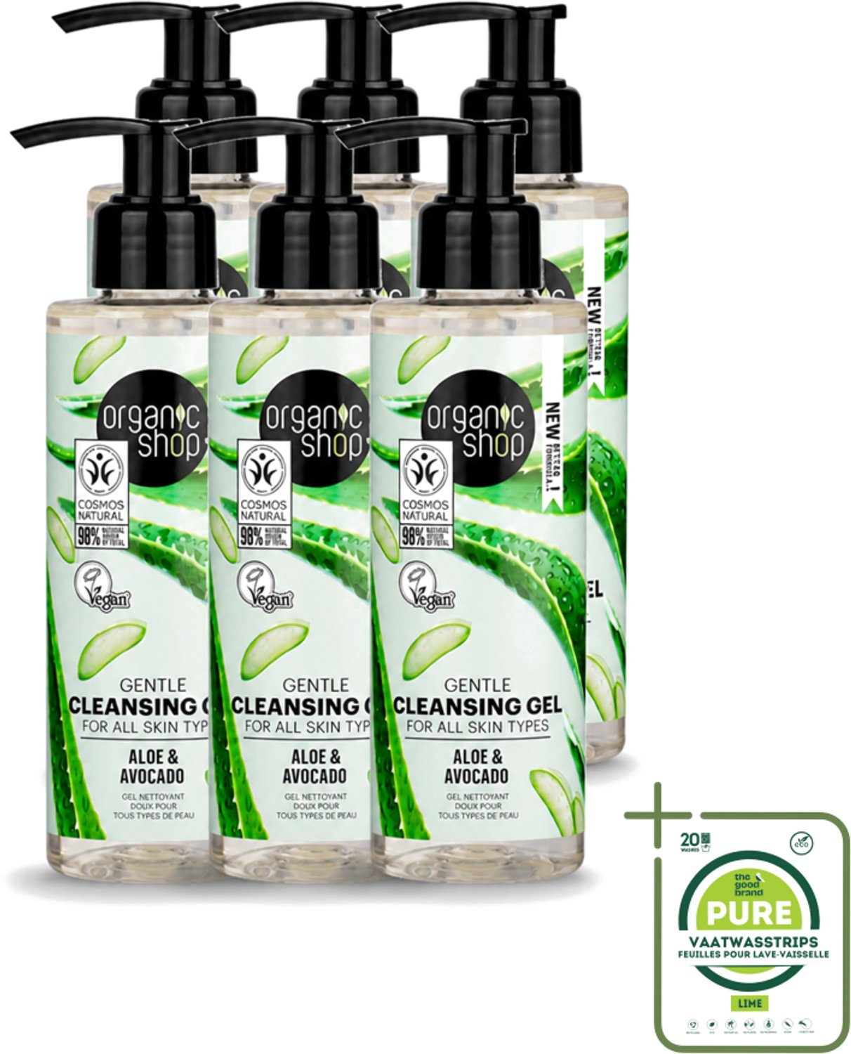 6 x Organic Shop - Cleansing Gel Avocado & Aloe - Verfrissend en Hydraterend - 200 ml - Grootverpakking - Vaatwasstrips - Gezichtsreiniger - Natuurlijke Reiniging - Avocado-olie - Aloë-extract - Hydraterende Gel