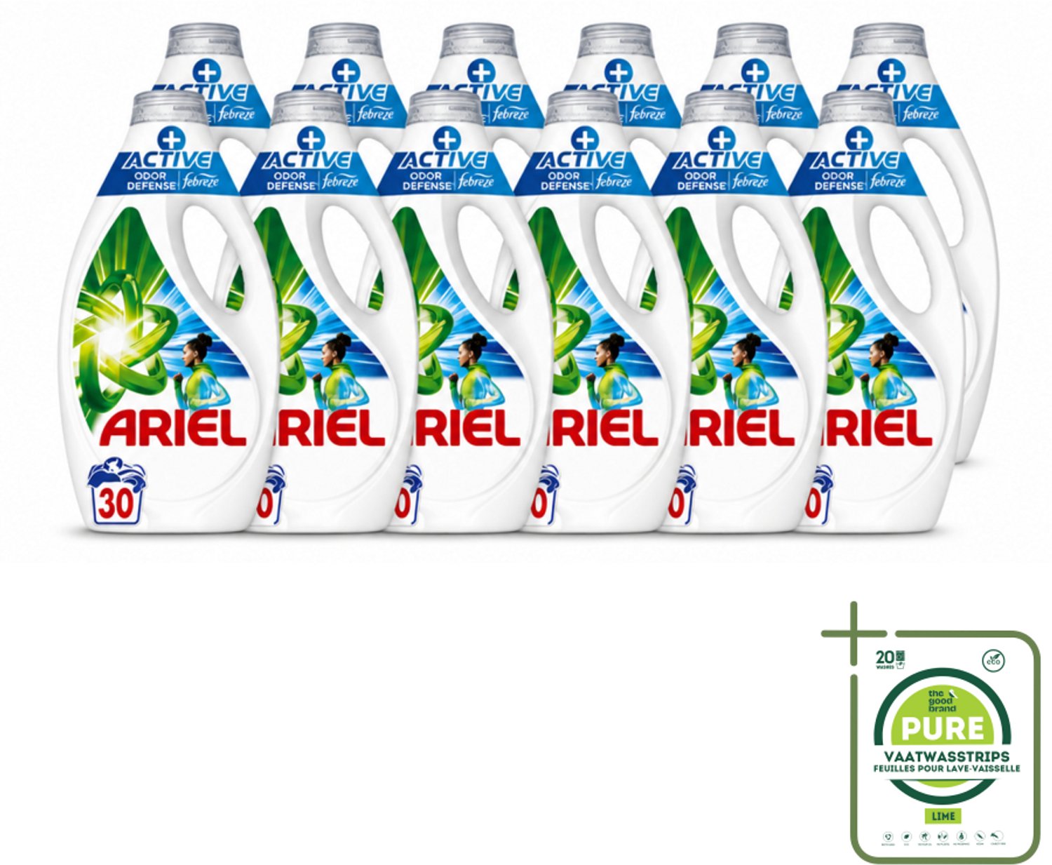 12 x Ariel - Vloeibaar Wasmiddel - +Actieve Odor Defense - 30 Wasbeurten - 1,35 liter - Grootverpakking - Vaatwasstrips - Wasmiddel - Geurverwijdering - Zweetgeuren - Vlekken - Wasbeurt