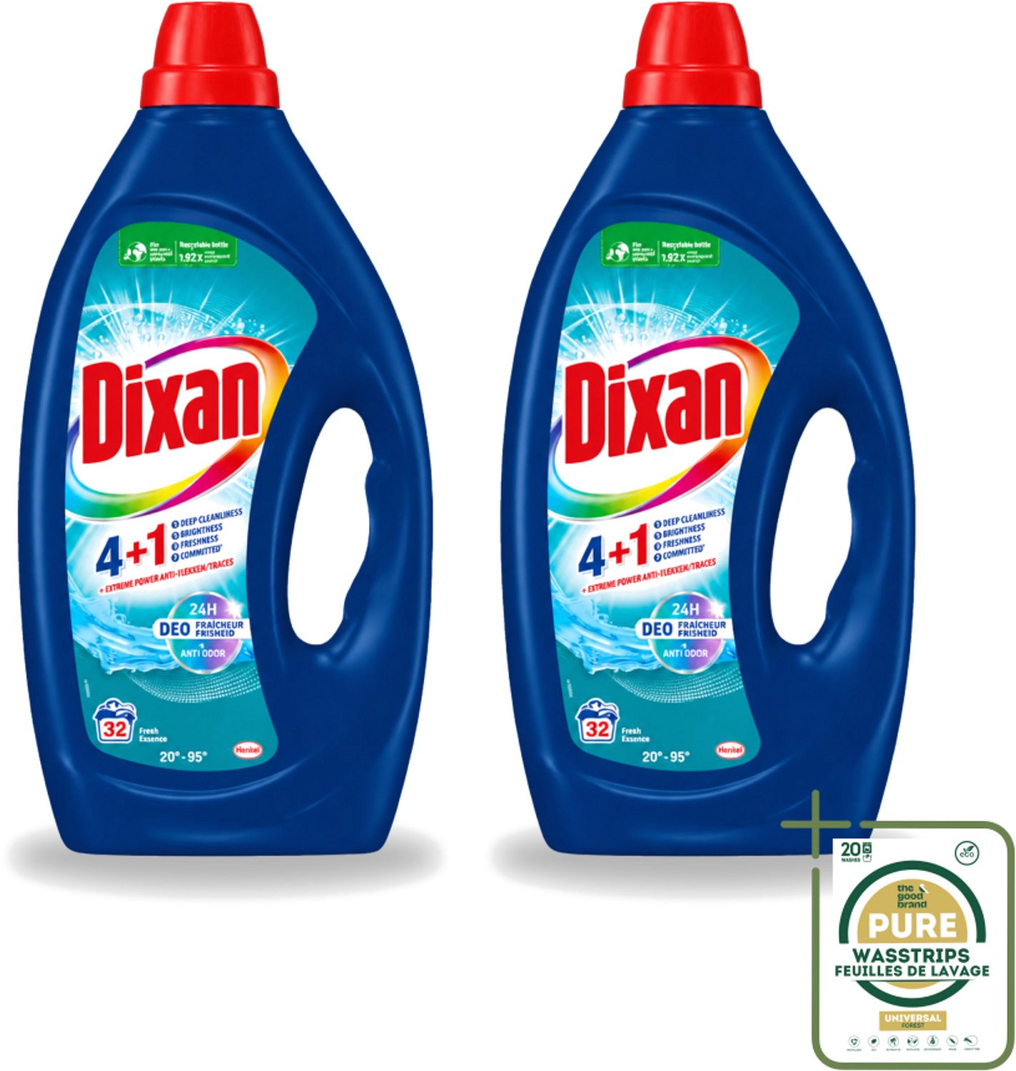 2 x Dixan - Vloeibaar wasmiddel - Fresh Blue - 32 wasbeurten - Wasstrips - Wasmiddel - Frisheid - Vlekverwijdering - Anti-geur - Wasbeurt
