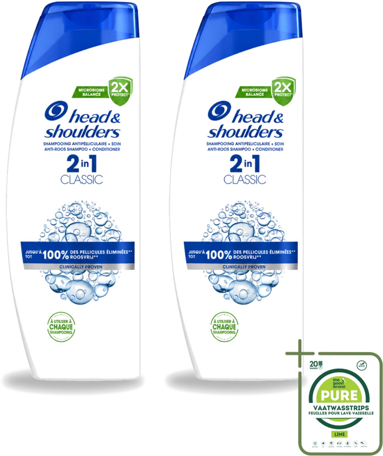 2 x Head & Shoulders - Shampoo - 2-in-1 - Classic - 100% Roosvrij - 400 ml - Grootverpakking - Vaatwasstrips - Roosvrij Haar - Roosverlichting - Anti-roos Shampoo - Hoofdoorzaak Roos - Droogheid Beheersen