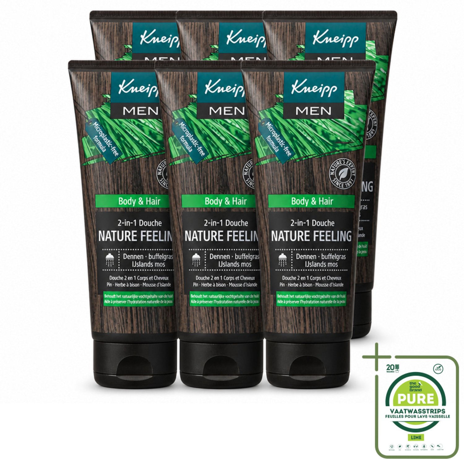 6 x Kneipp - Douchegel - Men - Nature Feeling - 2-in-1 - 200 ml - Grootverpakking - Vaatwasstrips - Douchegel Voor Mannen - Natuurlijke Douchegel - Frisse Douchegel - Verzorgende Douchegel - Dennenolie