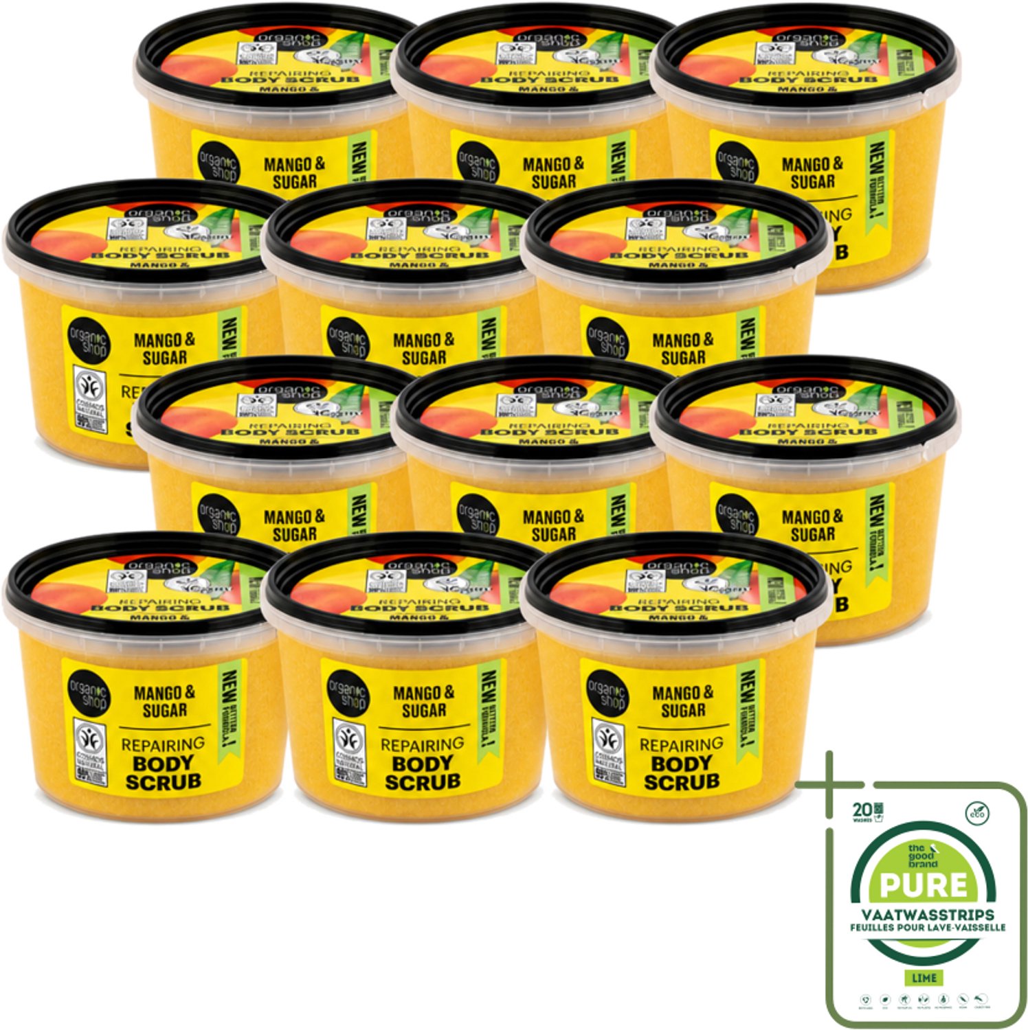 12 x Organic Shop - Organic Mango & Sugar Body Scrub - Peeling en Geur - 250 ml - Grootverpakking - Vaatwasstrips - Organische Bodyscrub - Mango Scrub - Exfoliatie Huid - Huidvernieuwing - Natuurlijke Scrub