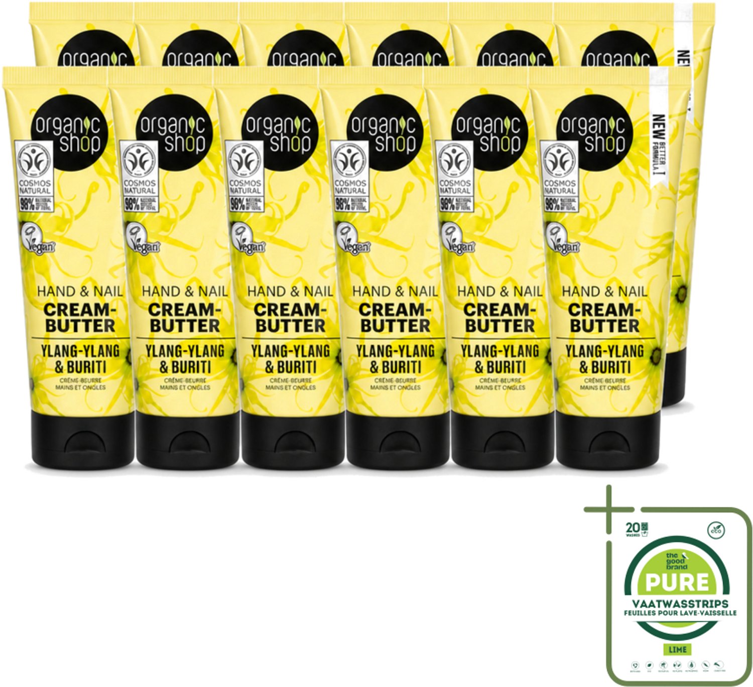 12 x Organic Shop - Ylang-Ylang & Buriti Hand & Nail Cream - Verzachtend en Herstellend - 75 ml - Grootverpakking - Vaatwasstrips - Handcrème - Nagelcrème - Ylang-ylang - Buriti Olie - Natuurlijke Handverzorging