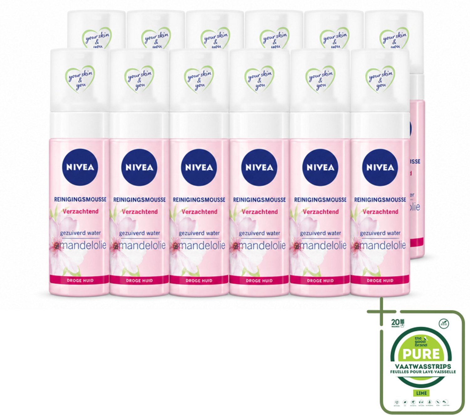 12 x NIVEA - Reinigingsmousse - Essentials Verzachtend - Voor droge & gevoelige huid - Met Amandelolie & Hydramine - 150 ml - Grootverpakking - Vaatwasstrips - Gezichtsreiniger - Droge Huid - Gevoelige Huid - Amandelolie - Hydramine