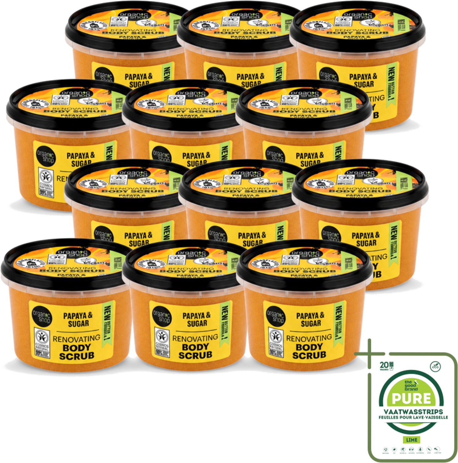 12 x Organic Shop - Body Scrub Papaya - Exfoliërend en Hydraterend - 250 ml - Grootverpakking - Vaatwasstrips - Bodyscrub Papaya - Exfoliatie Huid - Natuurlijke Huidverzorging - Huidhydratatie - Papaya Enzymen