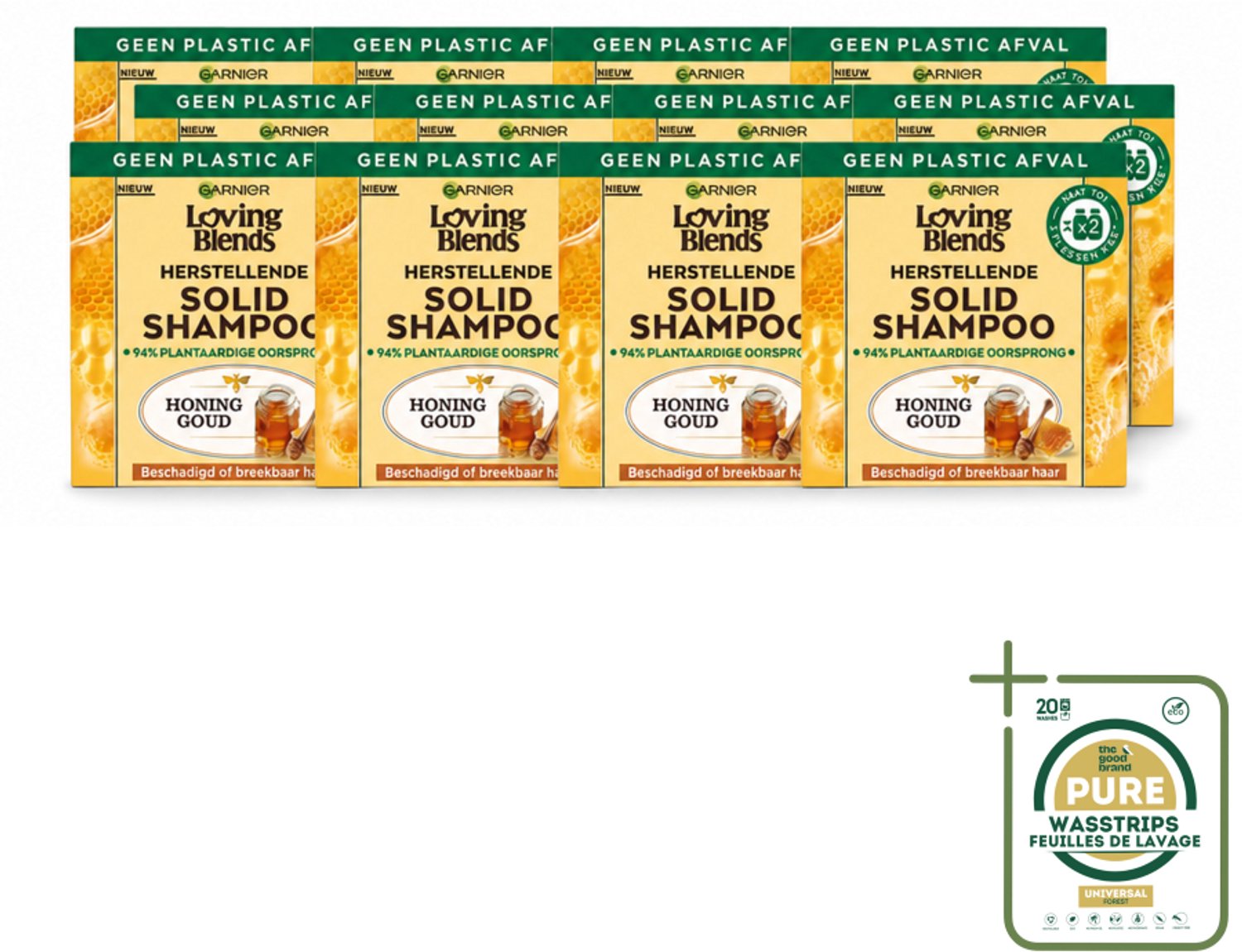 12 x Garnier - Loving Blends - Solid Shampoo - Honing Goud - Beschadigd of Breekbaar Haar - 1 Fles Shampoo - Wasstrips - Vaste Shampoo - Beschadigd Haar - Breekbaar Haar - Honing - Bijenbalsem
