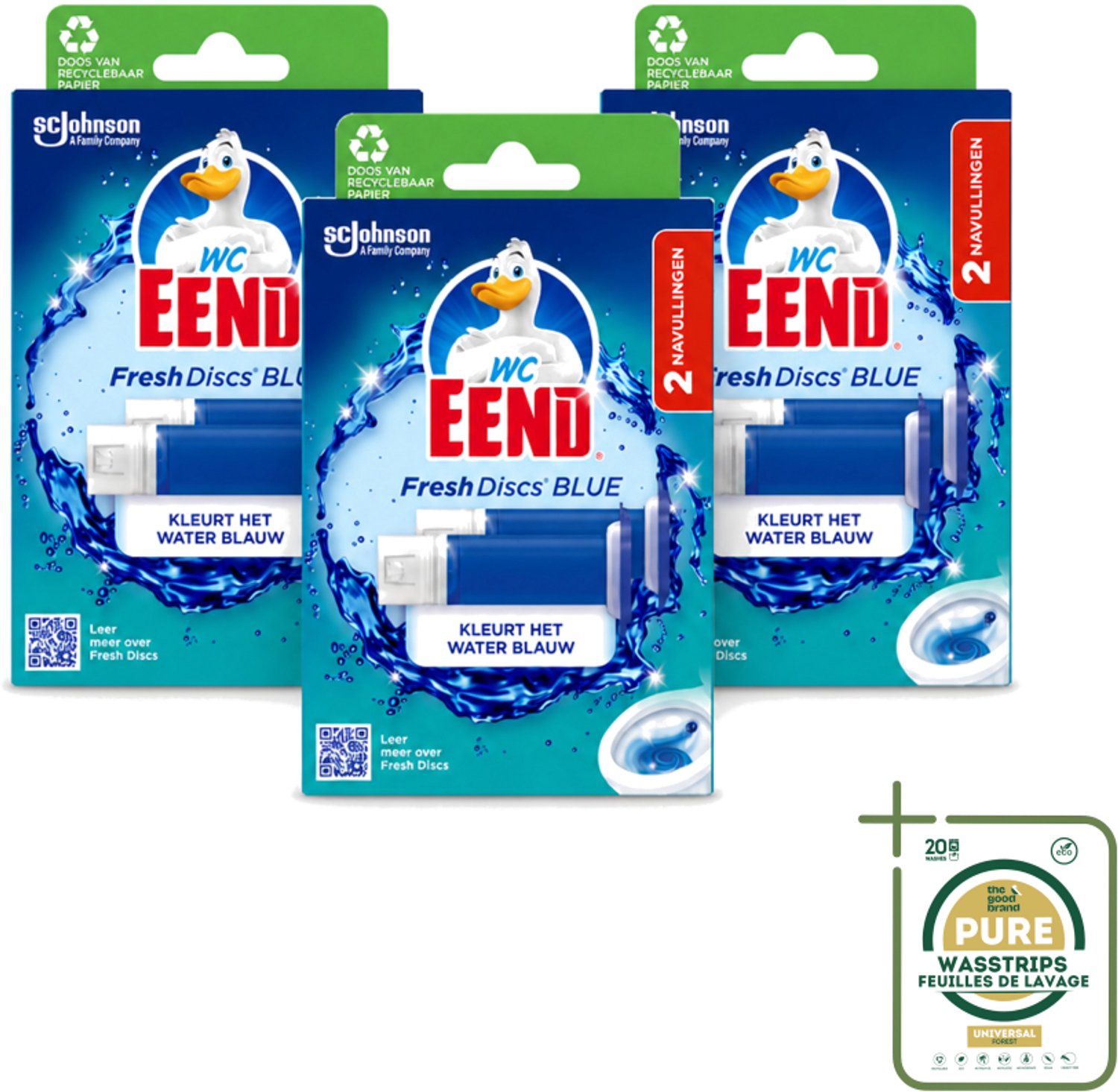 3 x WC Eend - Fresh Discs Coloring Blue - Duo Navulling - Kleurt Water Blauw & Verfrist - 72 ml - Wasstrips - Toiletgel - Toiletverzorging - Toilet Reinigen - Toilet Fris Houden - Toilet Kleuren