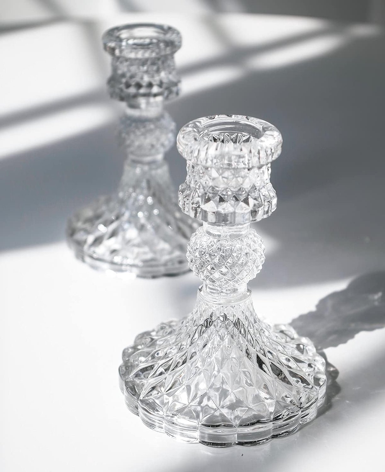 Taper Kaarsenhouders Set van 2, helder glazen kandelaarhouder geschikt voor kaarsen van 0,8 inch, 10 cm hoog, kristallen decoratieve kaarsenstandaard, middelpunt voor tafel, bruiloft, diner, feest