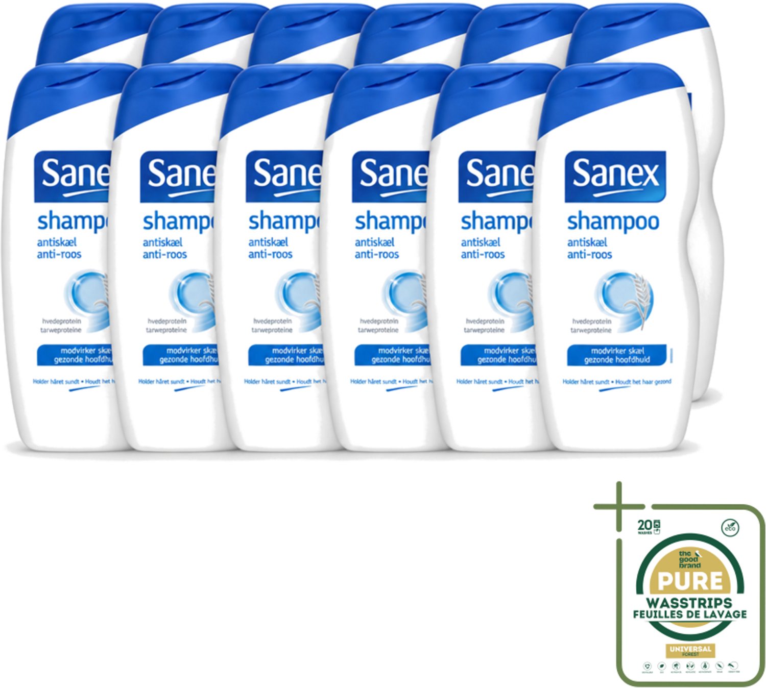 12 x Sanex - Shampoo - Anti-Roos - Tegen Schilfers - 250 ml - Wasstrips - Anti-roos Shampoo - Schilfers Shampoo - Kalmerende Shampoo - Hoofdhuid Verzorging - Schilfers Bestrijding