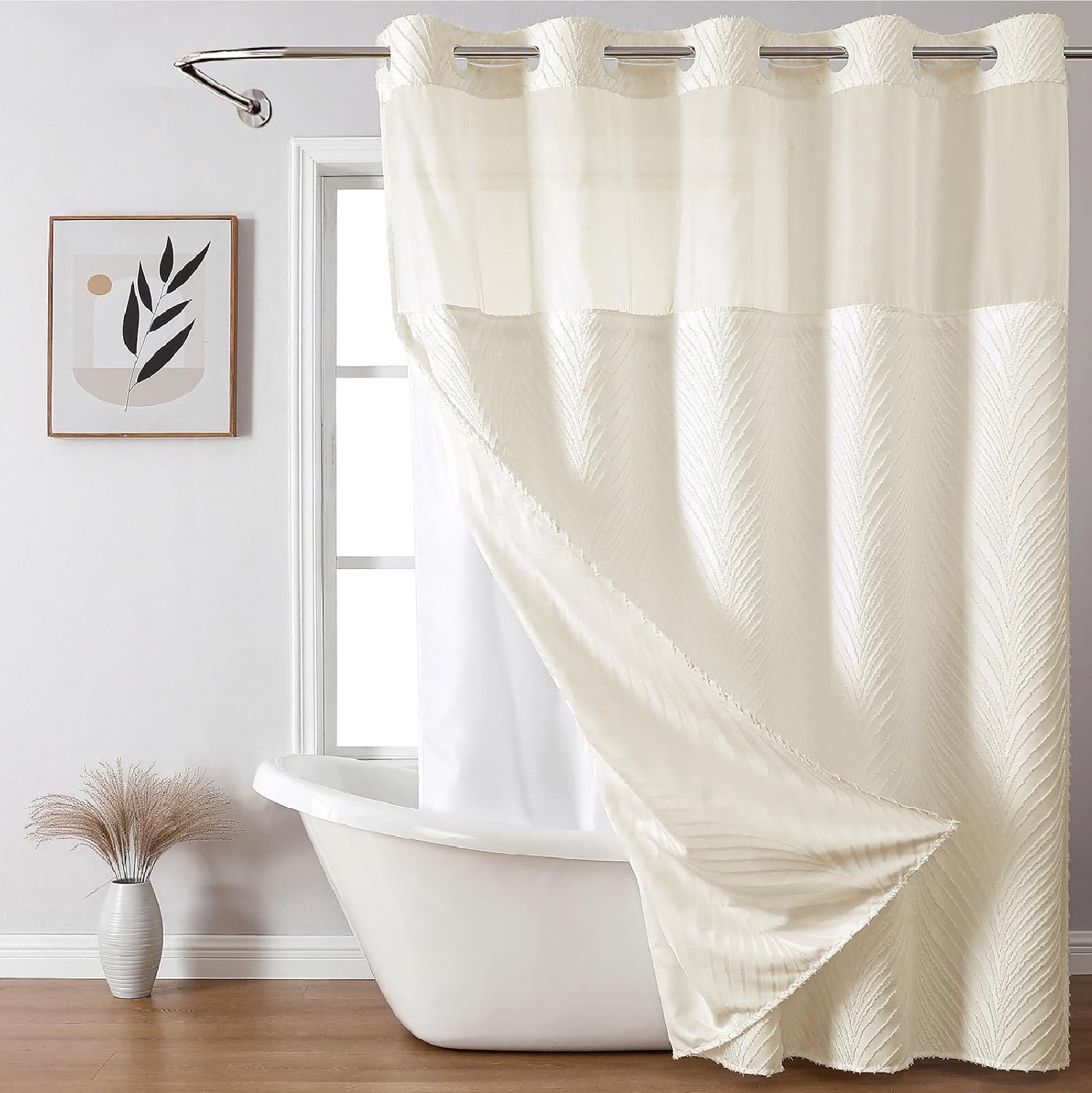 eachope Douchegordijn en voeringset zonder haak, boho-stijl met doorzichtig bovenvenster, crème stof getuft gestreept getextureerd buitengordijn en waterdichte binnenvoering, beige/crème, 71 x 74 cm