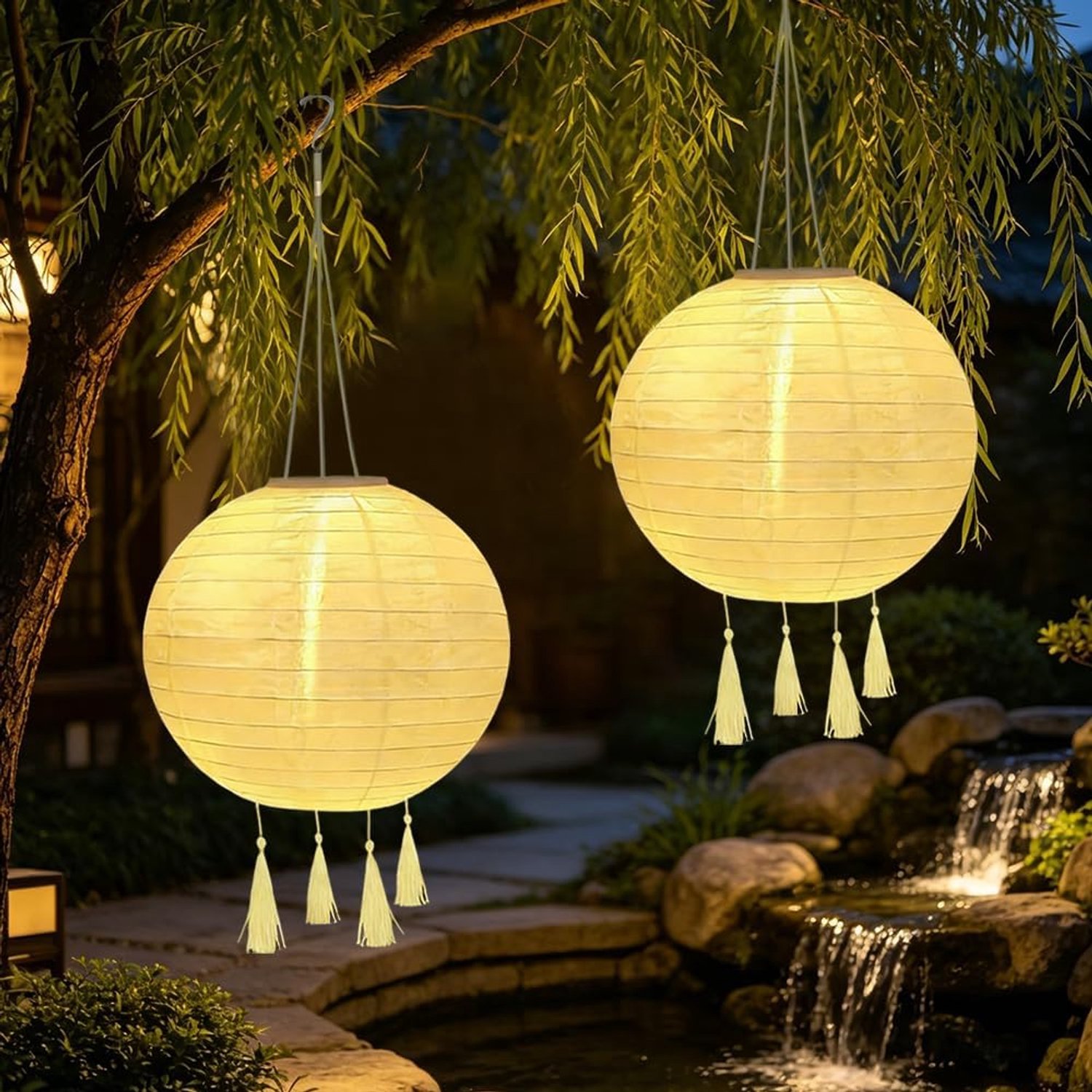 Solar lantaarns buiten 25 cm - nylon hanglampen - weerbestendig - sfeervolle verlichting voor tuin - ShopVlot