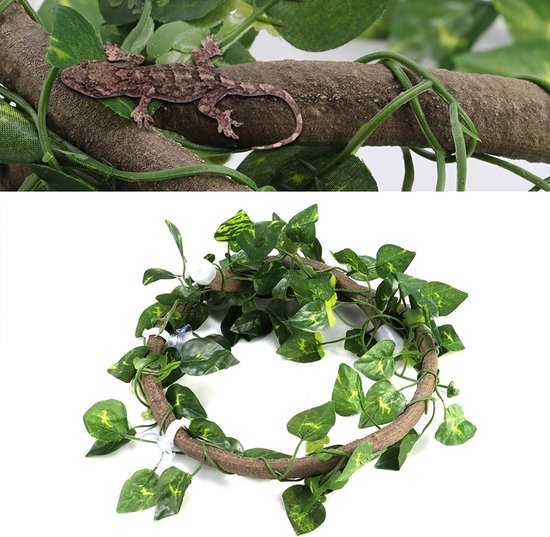 Reptiel Klimplant Flexibel Jungle Decor 3,28ft Rotan met Scindapsus Bladeren voor Hagedissen Kameleons 's Boomkikkers Schildpad Aquarium Terrarium Decoratie (Rotan + groene radijsbladeren) — afbeelding 3
