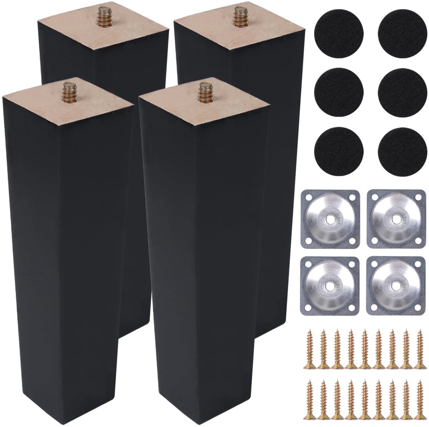 COEWUR 4 stuks meubelpoten van hout, 30 cm, zwart, vierkant, poten voor meubels met montageplaat, schroeven, anti-slip pad, vervangende poten voor kas