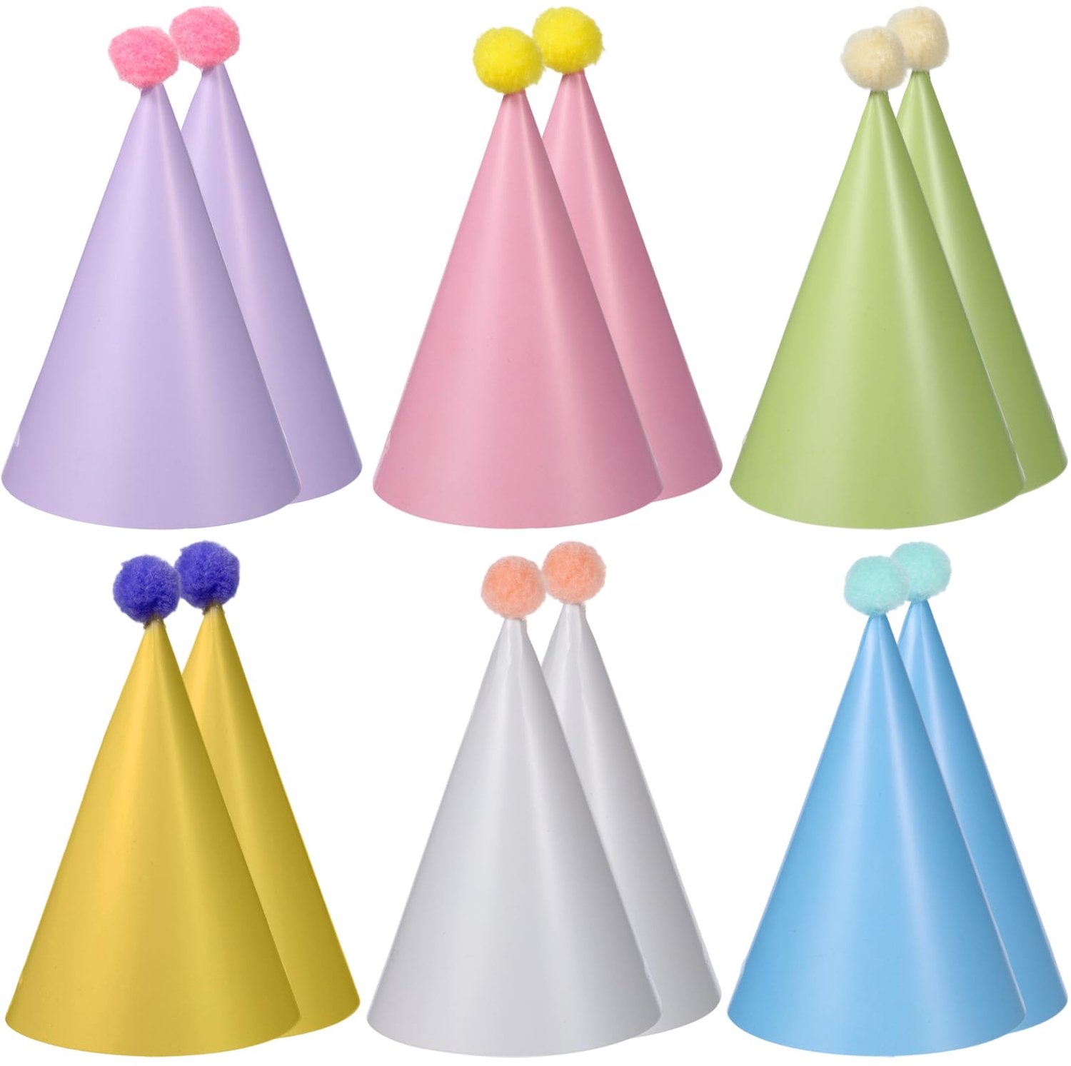 Verjaardagsfeesthoeden 12 stuks - Kegelhoed met pompons - Kleurrijke pastelhoeden voor volwassenen en kinderen - ShopVlot