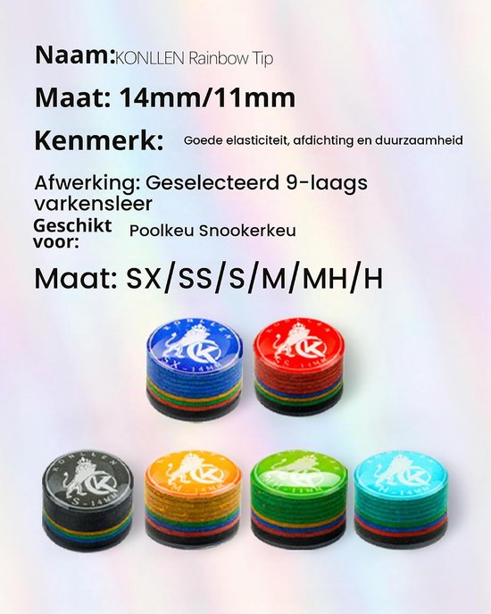 Pool cue tips 11mm/14mm - 9 lagen regenboog - harde kwaliteit - direct speelbaar - Homevero — afbeelding 2