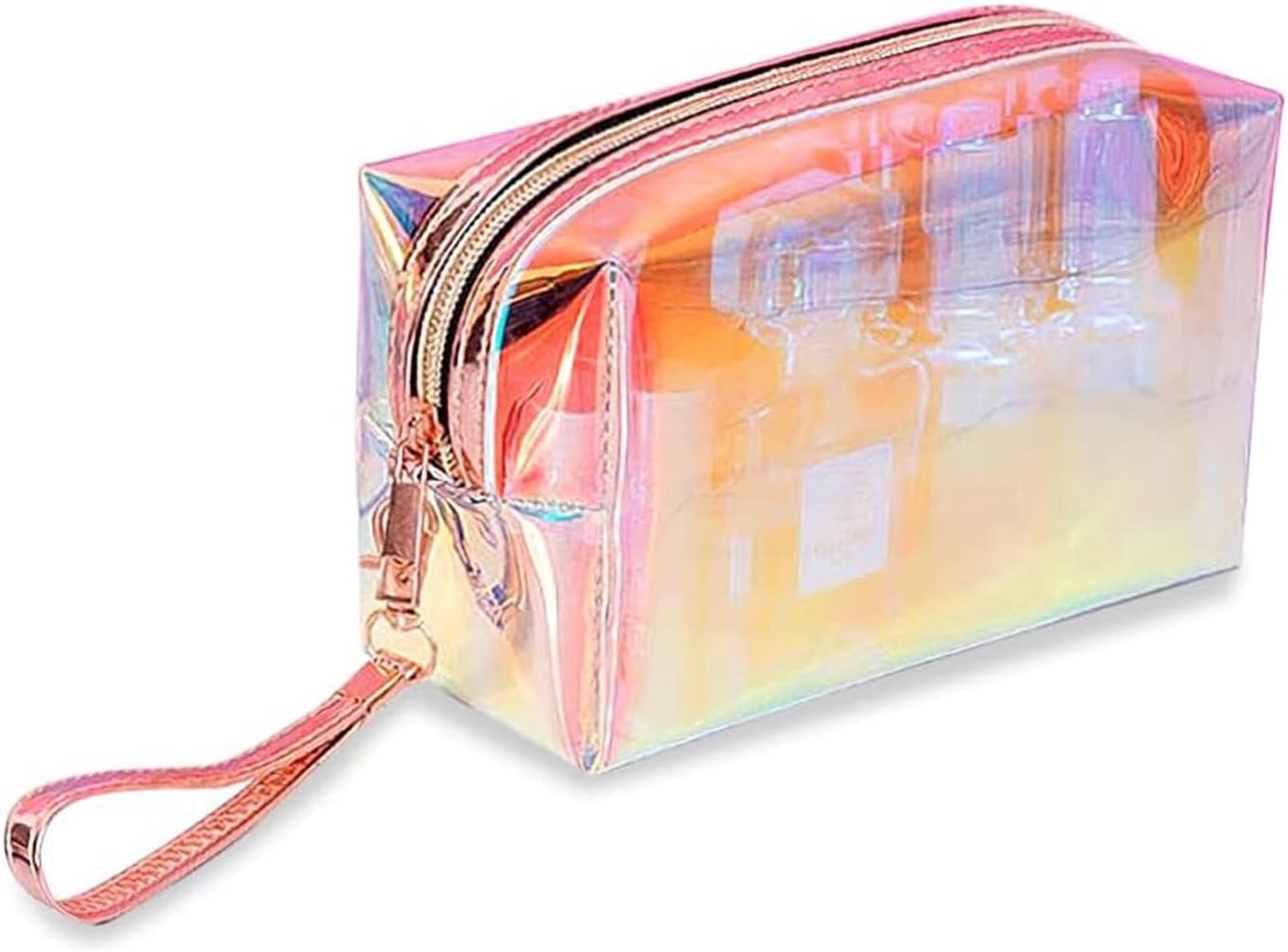 Iriserende holografische make-up tas met polsband, reizen doorzichtige toilettas, lippenstift cosmetische zakje, waterdichte rits strandtas make-up organizer case voor vrouw tiener meisje, A