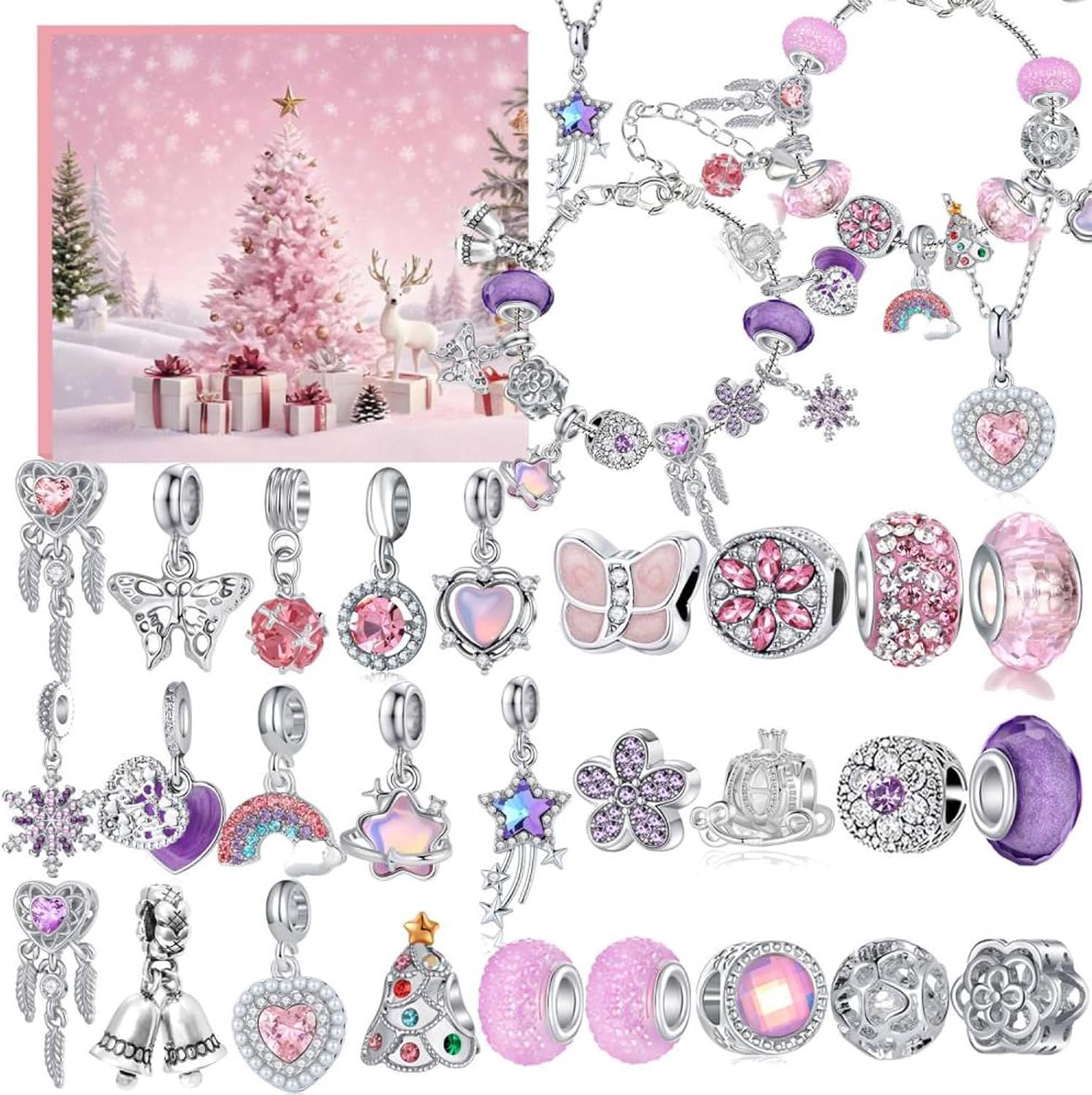 HisKes Adventskalender 2026 vrouw - DIY-aftelkalender van 24 dagen – DIY knutselpakket voor armbanden – Kerstcadeau voor meisjes en kinderen – Kristallen aftelarmbanden – Roze