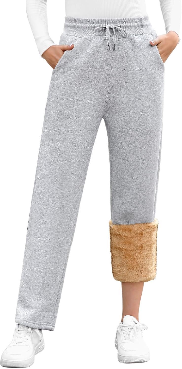 Voqeen Joggingbroek voor dames, warm gevoerd, winter, thermische fleece, verdikte loopbroek, vrijetijdsbroek met trekkoord, sherpa-binnenvoering, comfortabele sweatbroek