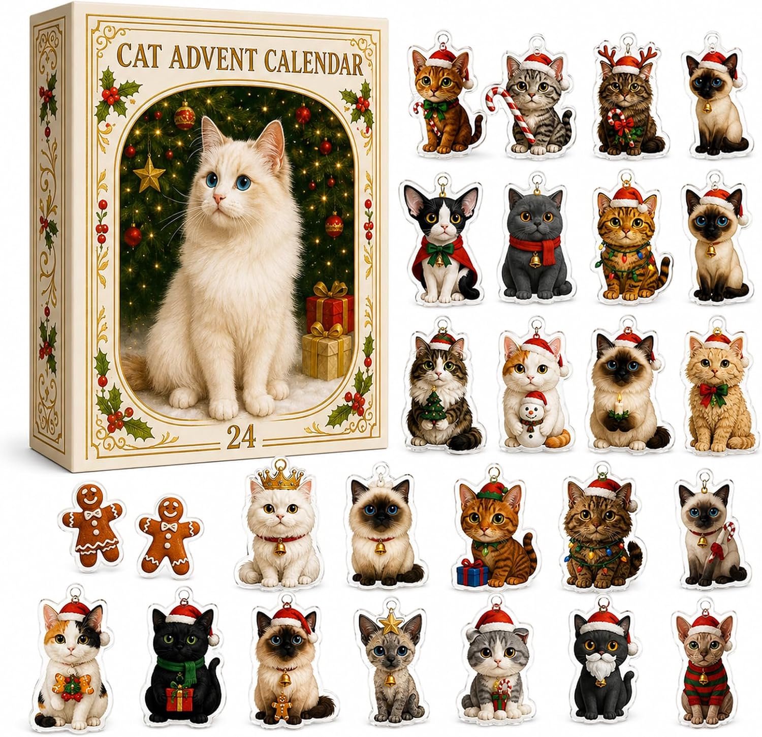 Katten-adventskalender 2026 met 24 verrassingen, kerstkalender voor kattenliefhebbers, kerstboomhanger, feestelijke kerstdecoratie, Kerstmis voor volwassenen en kinderen, wit