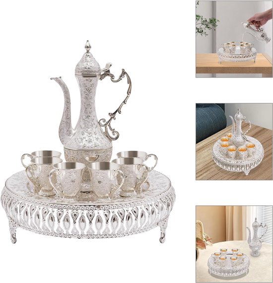 Vintage theeserviesset met koffiemok en theepot, 280 ml theepot en 6 x 25 ml theekop, Europese theeserviesset, theeset voor theetafel, decoratie voor koffie, thee-feest en thuis, 25 x 7 cm (zilverwit) — afbeelding 3