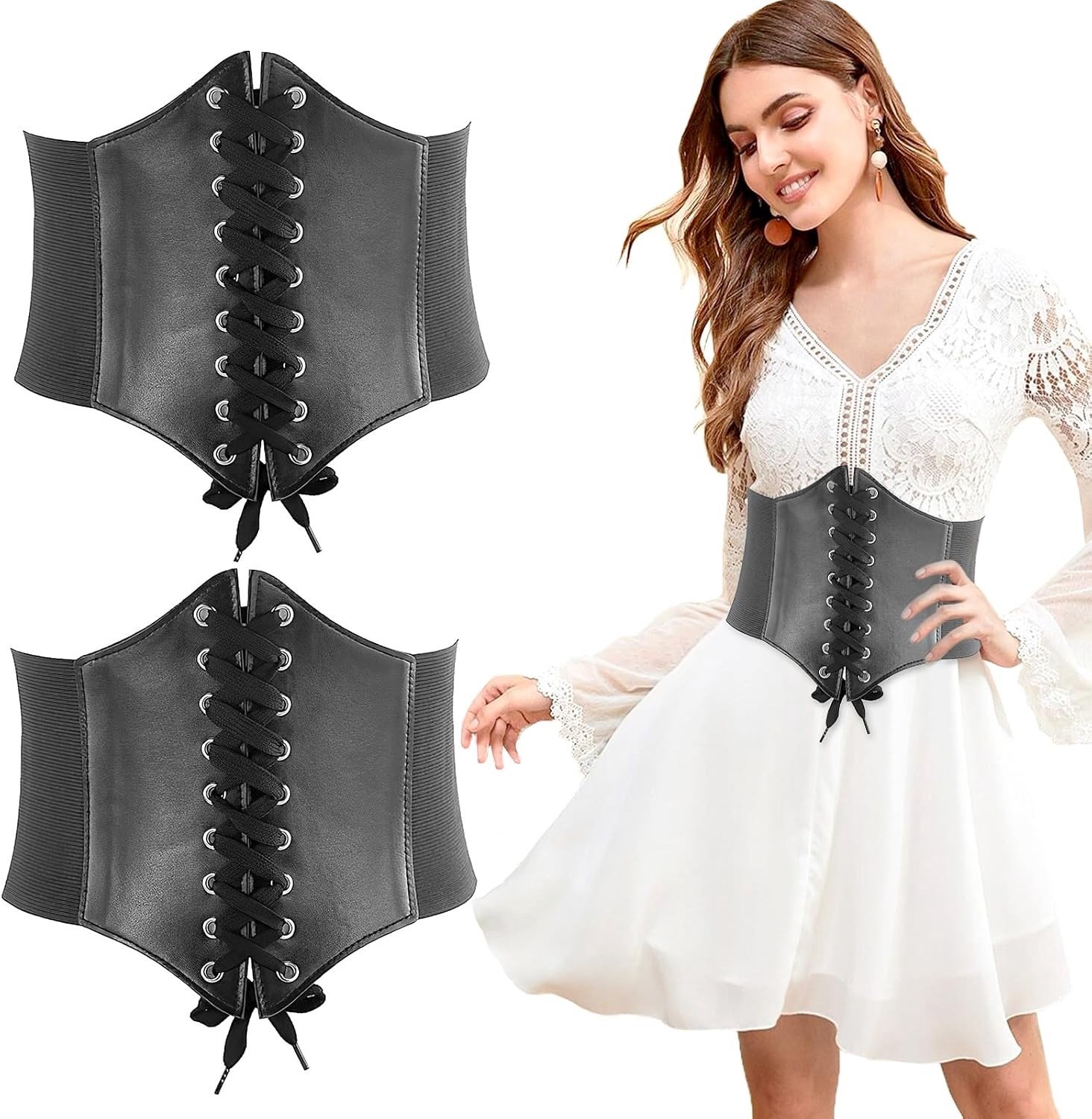 Brede Leren Corset Tailleband voor Dames - Perfect voor Jurken, Jassen en Cosplay Kostuums - Set van 2 voor Feestjes en Halloween