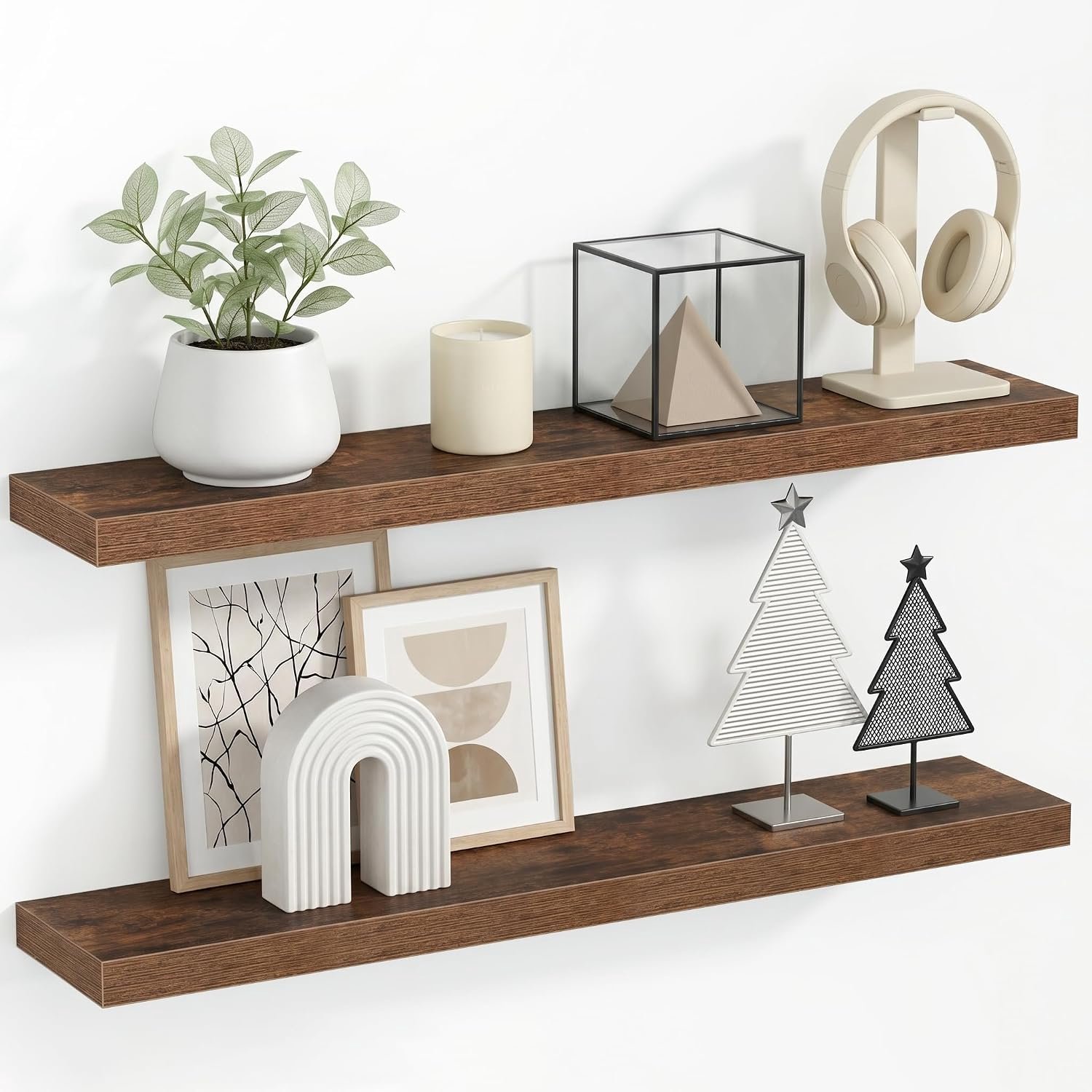 3,8 cm dikke zwevende wandplanken, 90 x 16,5 cm, wandgemonteerde opbergrek, doorzagvrij, eenvoudige montage, houtnerf, voor slaapkamer, keuken, woonkamer en hal, rustiek bruin, 2 stuks