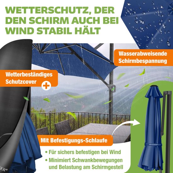 Donkerblauwe zweefparasol met waterafstotende stof, weerbestendige beschermhoes en bevestigingslus.