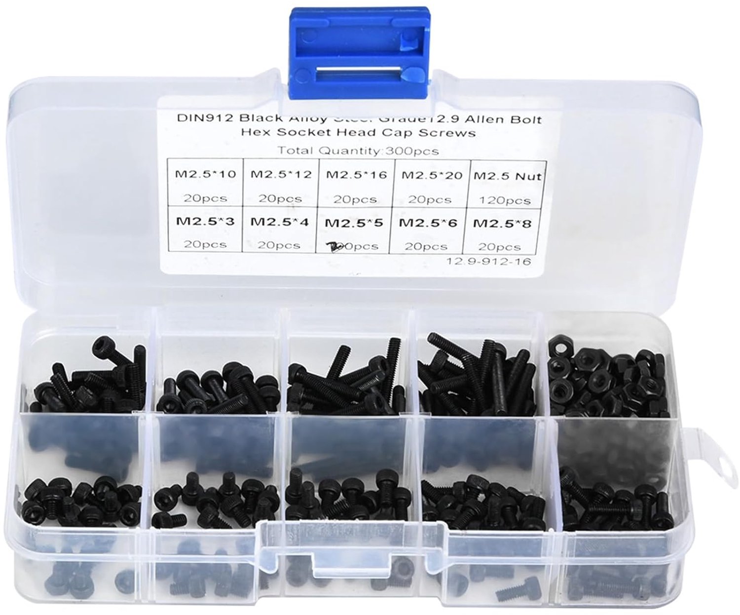 300 Stks Inbusbout 12.9 Grade Zwart Gelegeerd Staal Hex Inbusbout Bout M2.5 X 3-20mm met Moer