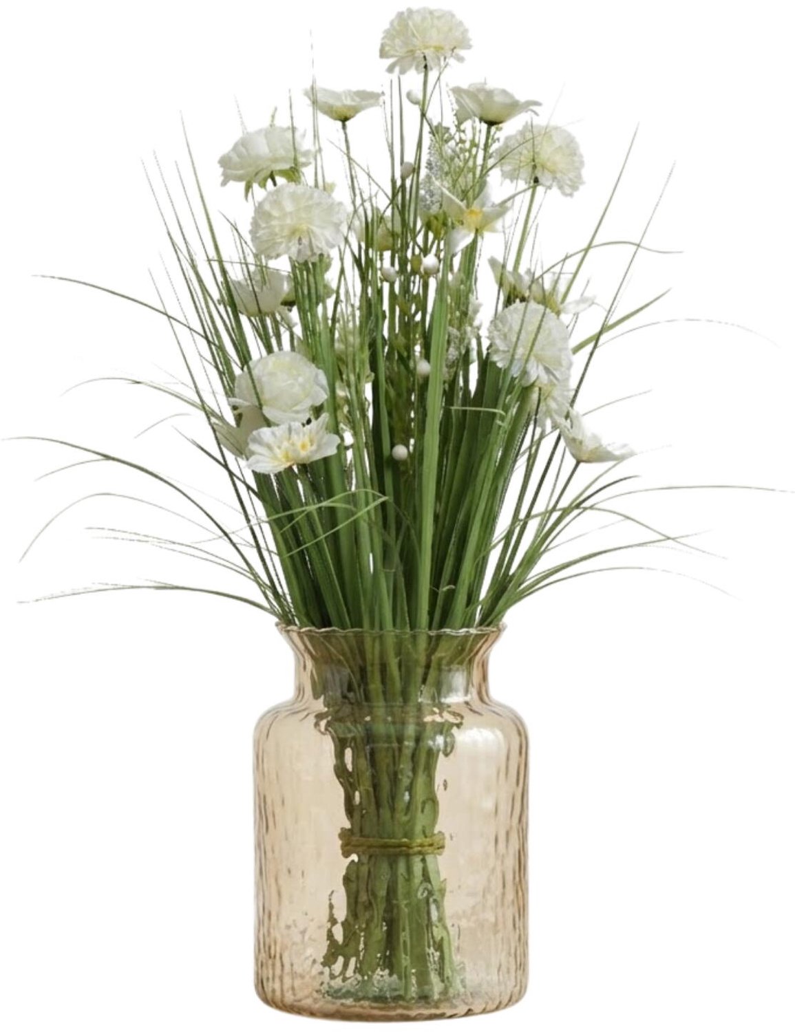 Bellatio design bloemenvaas met kunstplant - siergras - H70 cm - beige vaas - glas