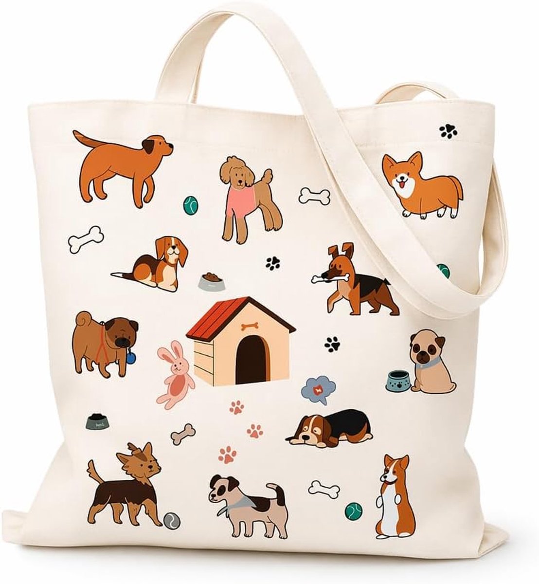 tas met hondenmotief, 38 x 40 cm, grote katoenen tas met binnenvak, robuuste jute tas, boodschappentas voor dames, wasbare tote bag, draagtas voor dagelijks gebruik en winkelen