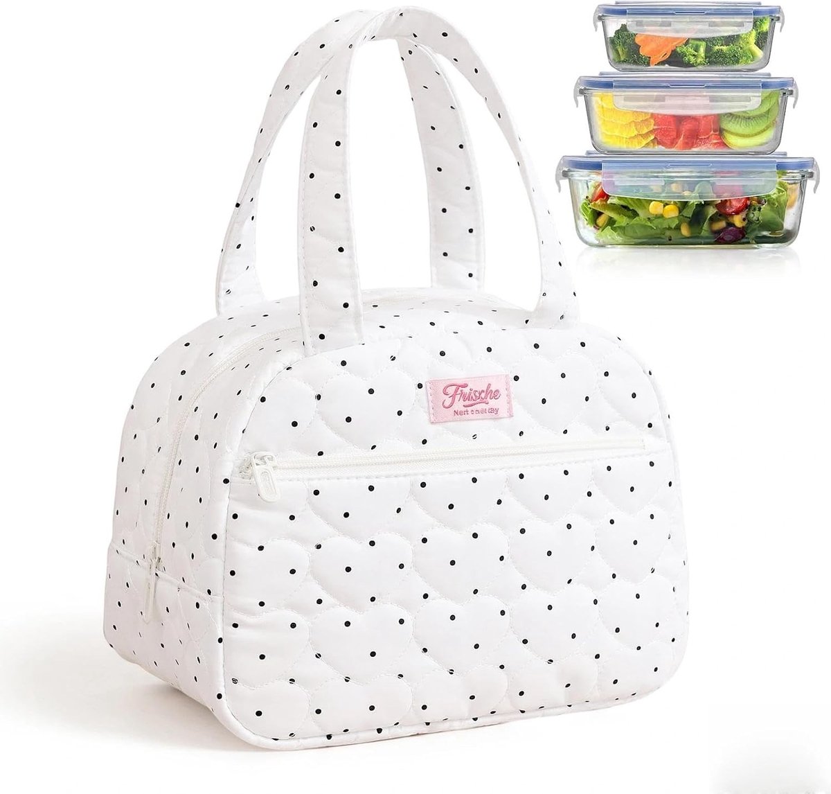 Retro Koeltas in Wit met Zwarte Stippen, Ideaal voor Lunch en Picknick, Duurzaam en Handig