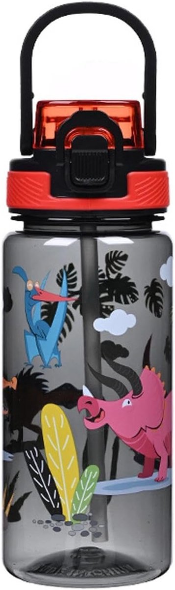Drinkfles voor kinderen, 600 ml, drinkfles met rietje, BPA-vrij, stofbescherming, robuust en duurzaam, gemakkelijk te reinigen, voor scholen en buiten, zwart