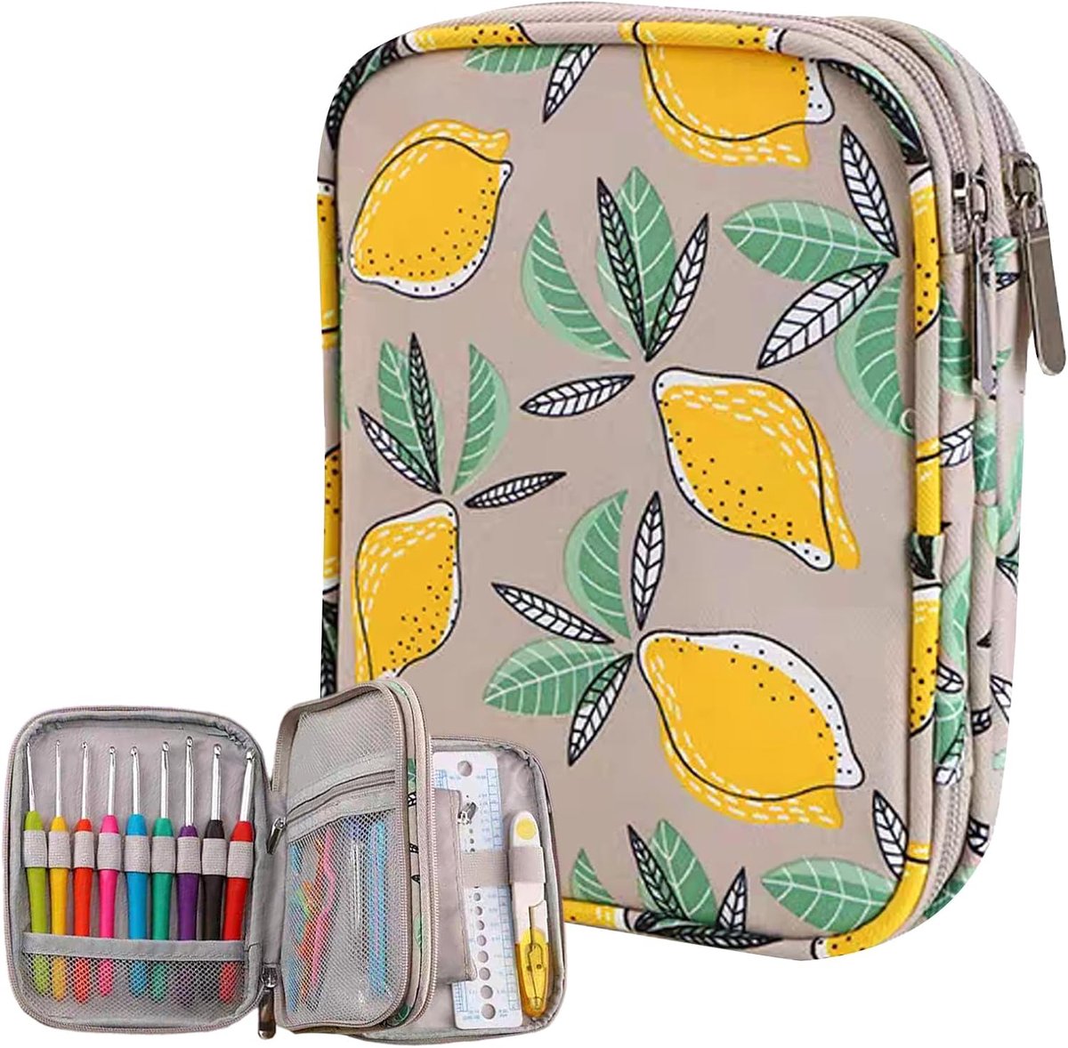 Gelbe Opberghaak Naald, Gehaakte Kit Organizer met Dubbele Ritssluiting, Draagbare Naaidoos voor Breien Materiaal en Haken, 18x14x4cm
