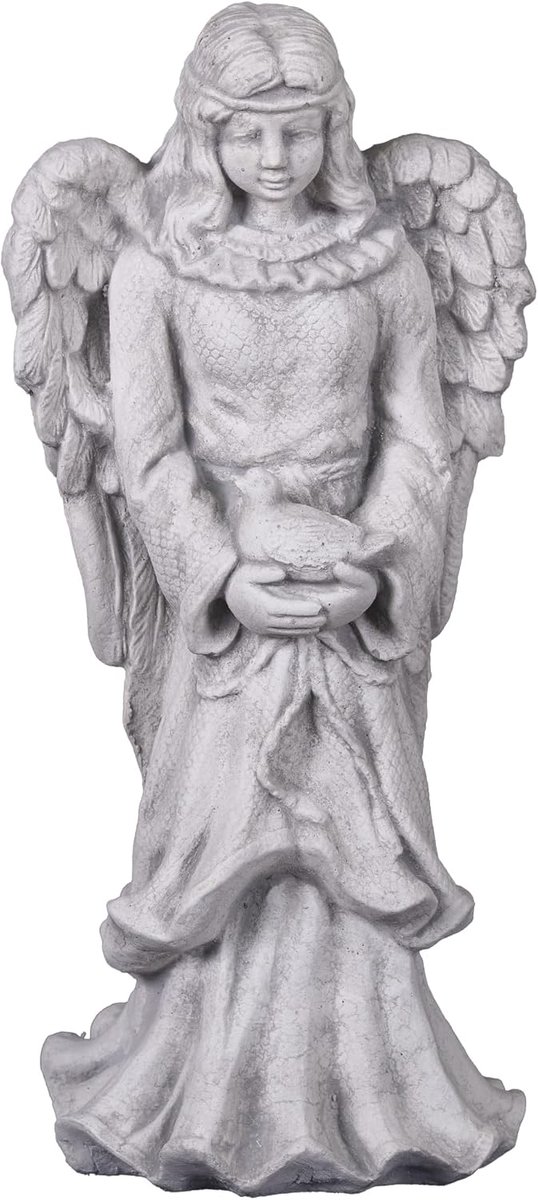 Gartendekoparadies.de Engel figuur met vogel, stenen figuur, grijs, vorstbestendig van gegoten steen voor buiten, H. 45 cm, 9 kg