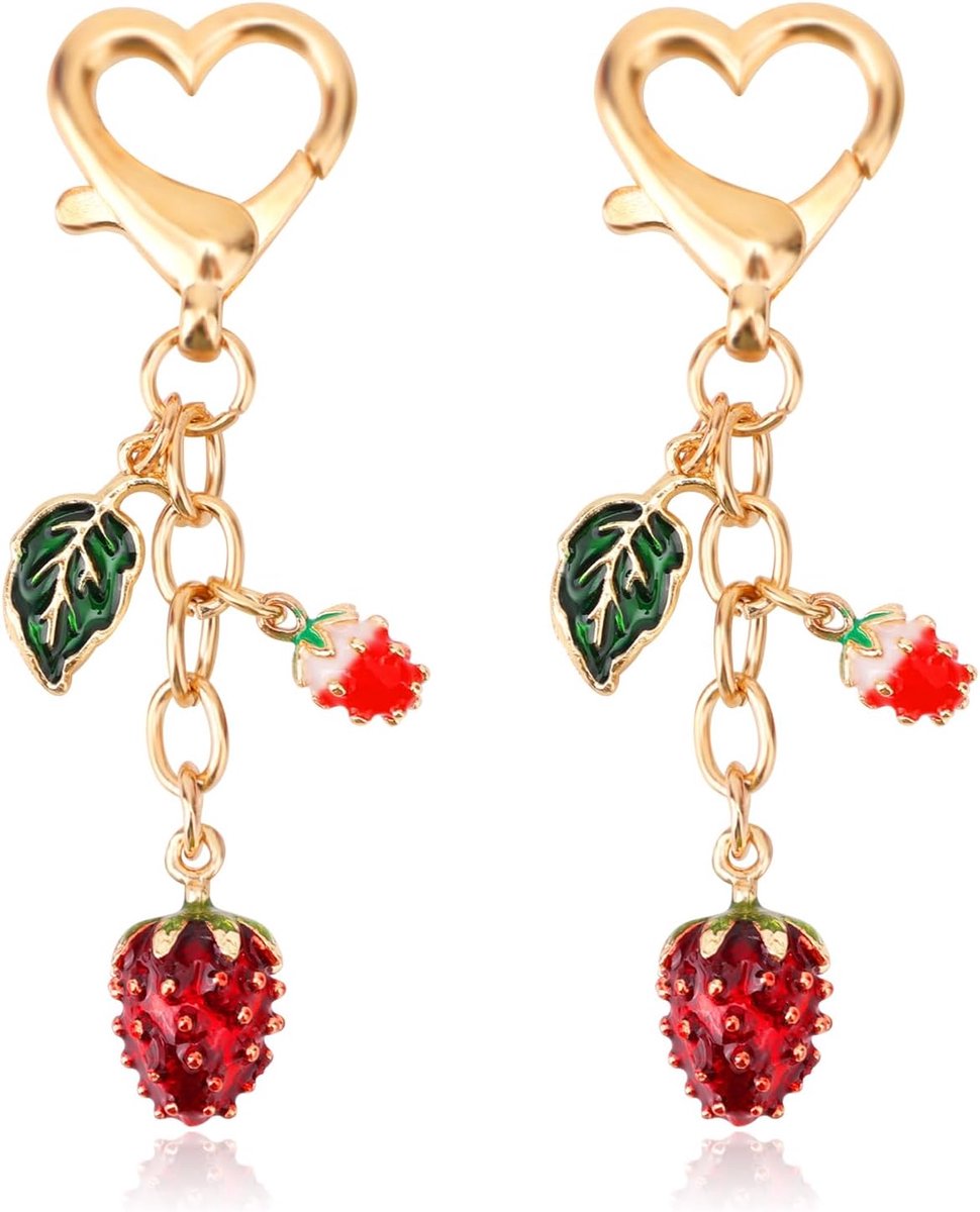 2 Stuks Aardbeien Sleutelhanger, Hartvormige Sluiting met Aardbeiencharm en Groene Bladcharm Tas Portemonnee Accessoires voor Vrouwen Vrienden Koppels Cadeaus