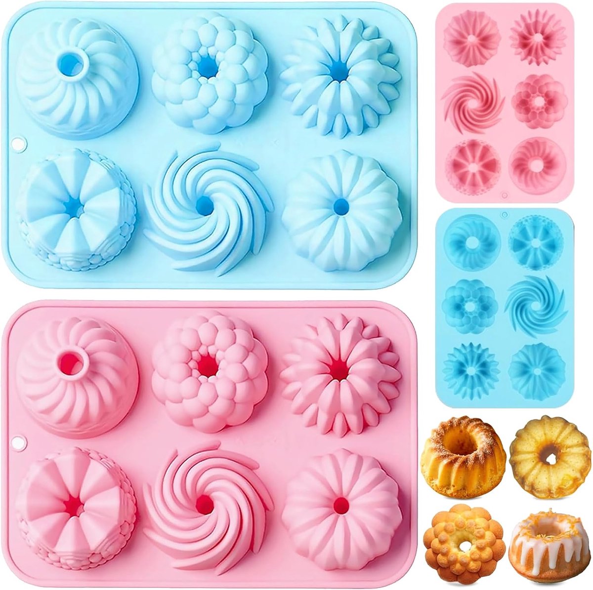 2 stuks mini siliconen tulbandvorm, 6 holtes cakevorm, herbruikbare cakevorm klein savarin vorm, tulband bakvorm, met antiaanbaklaag bakvormen voor koekjes, bagels, muffins