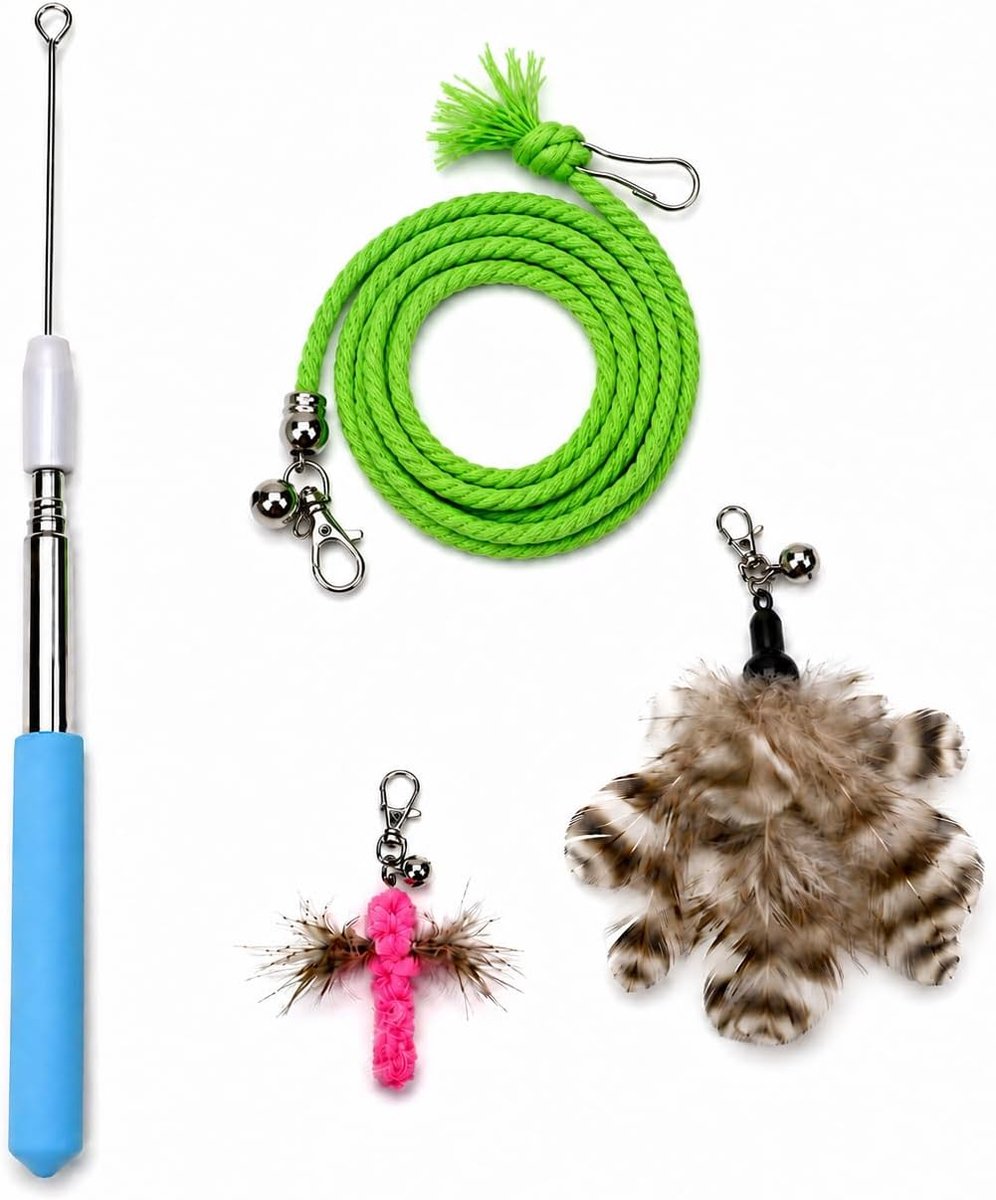 Kattenhengelset met roestvrijstalen telescoopstang en 3 hangers, flexibele kattenhengel met veer, insectenspeelgoed en katoenen touw, interactief kattenspeelgoed voor huiskatten