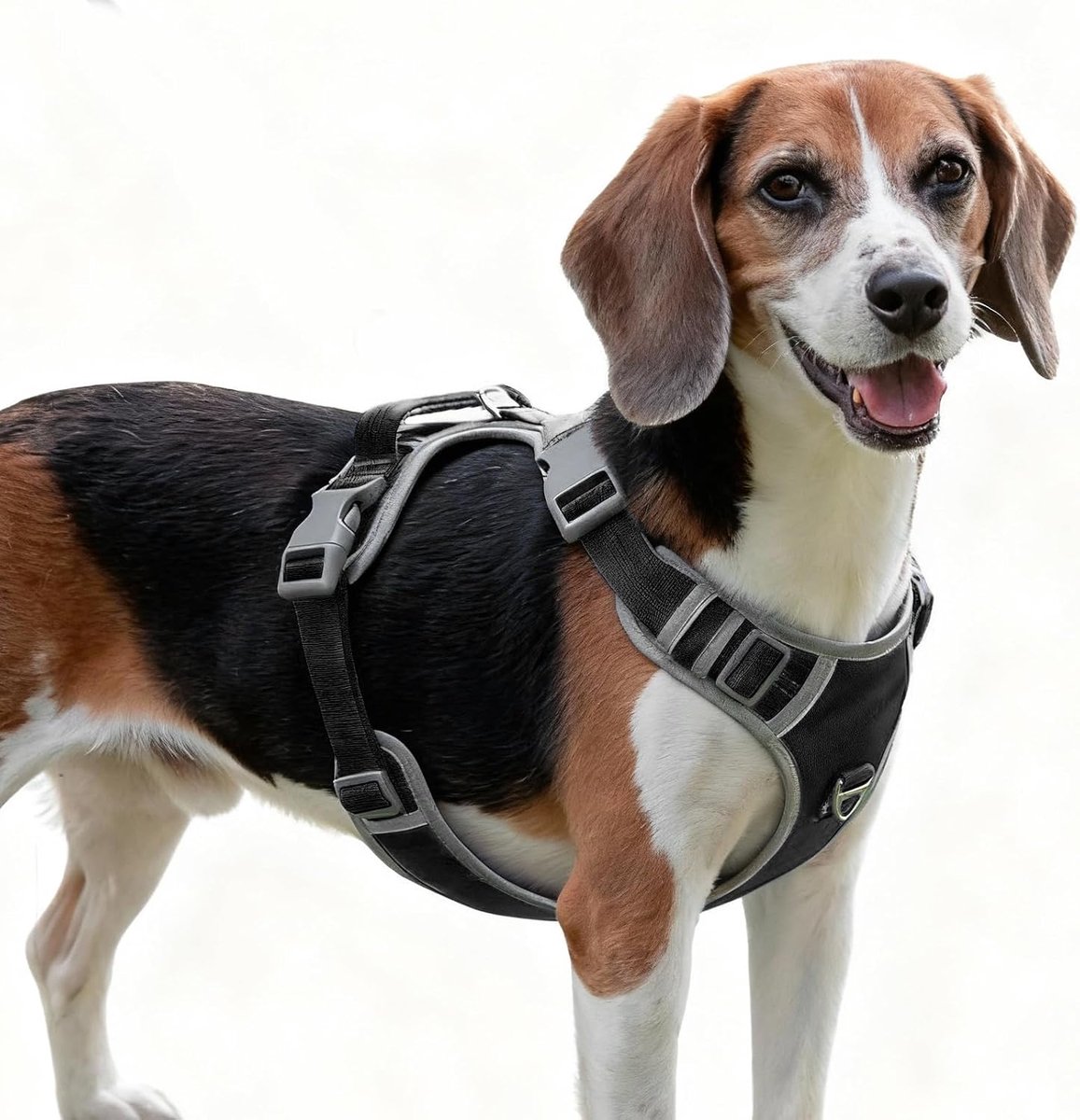 Medium anti-trek harnas voor honden met 2 clips, verstelbaar, zacht gevoerd hondenharnas, reflecterend, met gemakkelijke handgreep, voor wandelen en trainen, zwart, M