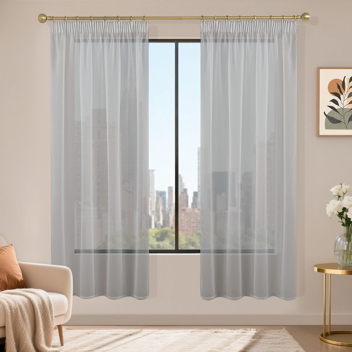 Gordijnen met plooiband, set van 2, voile schuifgordijnen, 180 x 120 cm (h x b), transparante gordijnen, grijs, gordijnen voor woonkamer, slaapkamer, vitrage