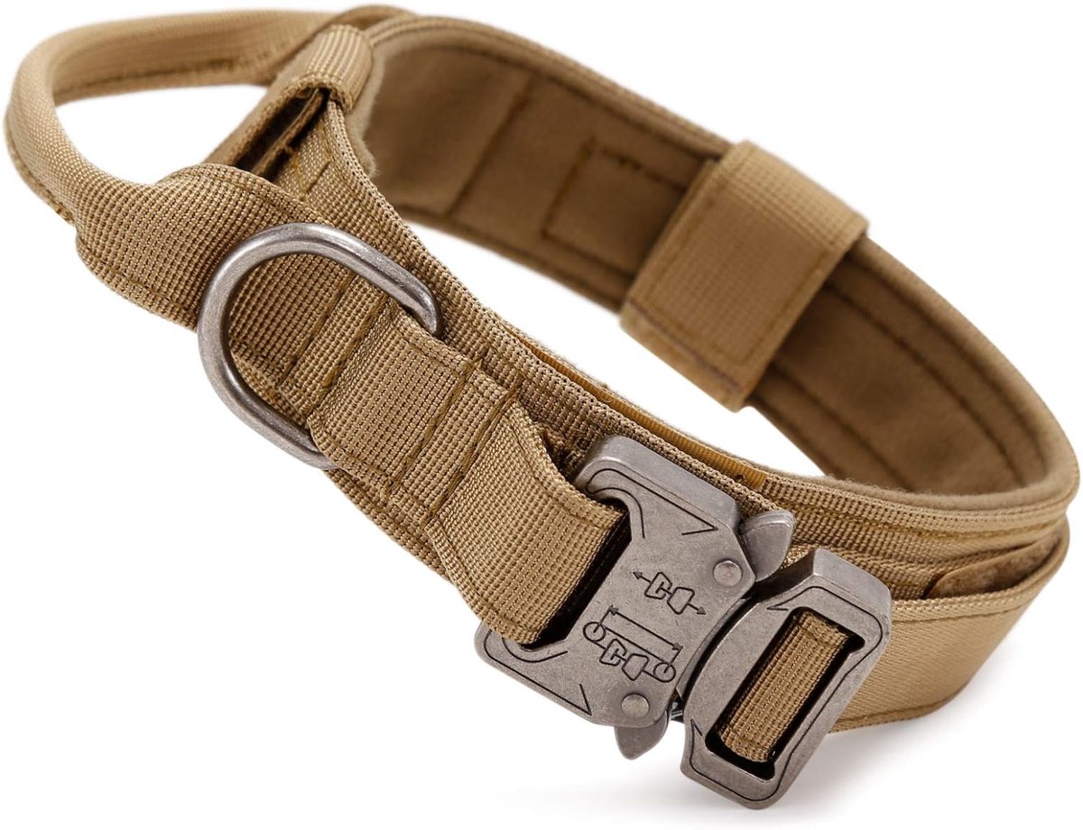 hondenhalsband met bedieningshandgreep, militaire verstelbare halsband, metalen gesp, gewatteerd voor middelgrote en grote honden, jacht, trainen, buitenshuis