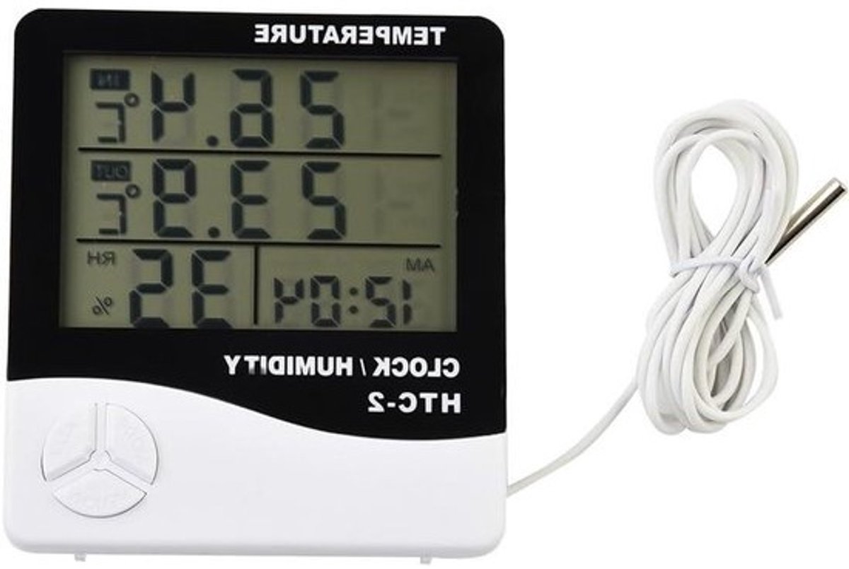 Thermo-Hygrometer Weerstation - Digitale Weermeter - Binnenklimaat Monitoren - Met Buitensensor - 15 x 13 x 3 cm - Grijs