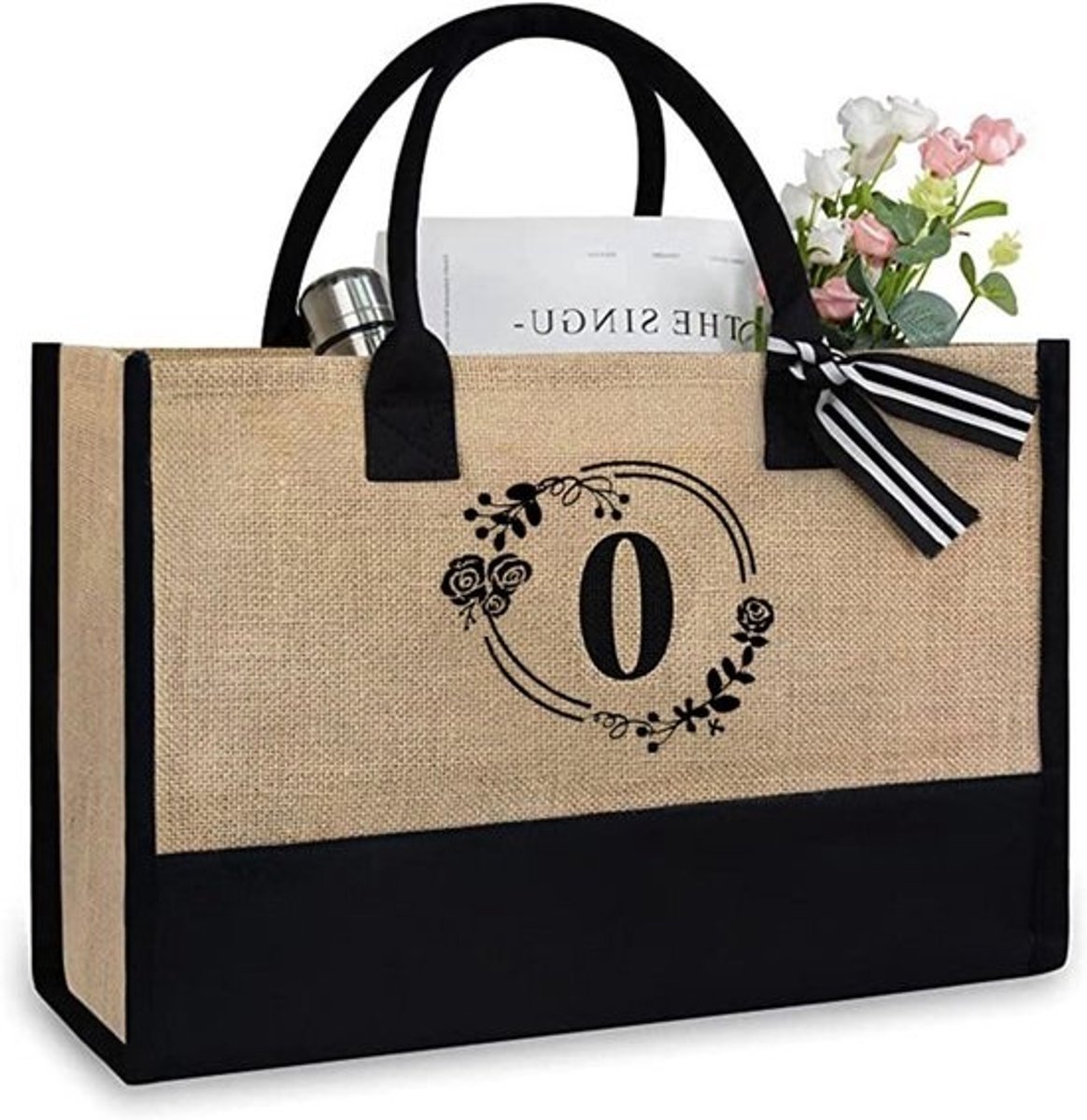 Katoenen Jute Draagtas - Boodschappentas Canvas Tas - Duurzaam Boodschappen Doen - Bloemen Letters Print