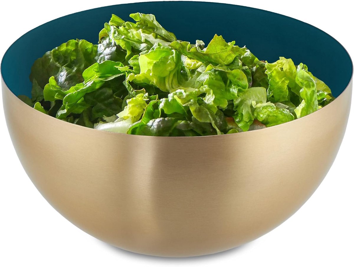 Saladeschaal, rvs, 2 liter, ronde metalen schaal, om te bakken of serveren, keukenschaal, groen/goud