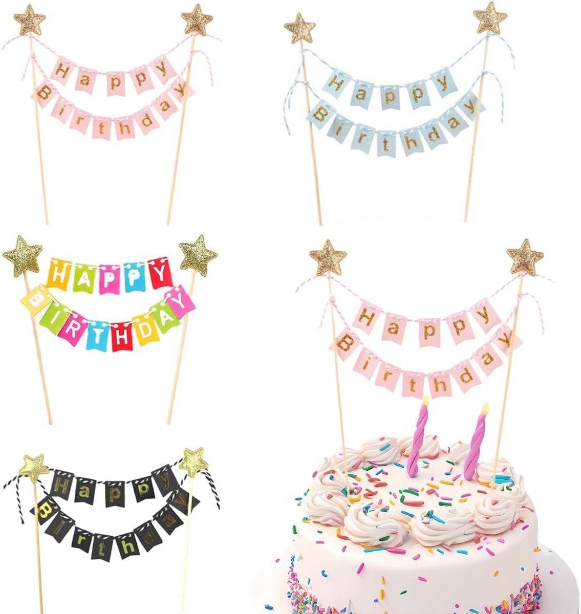 Set van 4 taartdecoraties Happy Birthday, Happy Birthday taarttoppers, ster taartdecoratie, taarttoppers, verjaardag, verjaardagsfeest, taartdecoratie