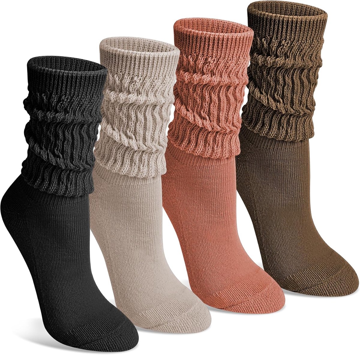 4 paar kousen voor dames, gebreide sokken, kousen, katoen, slouch manchetten, scrunch, gebreide beenwarmers, sokken, crème zwart oranje koffie, L